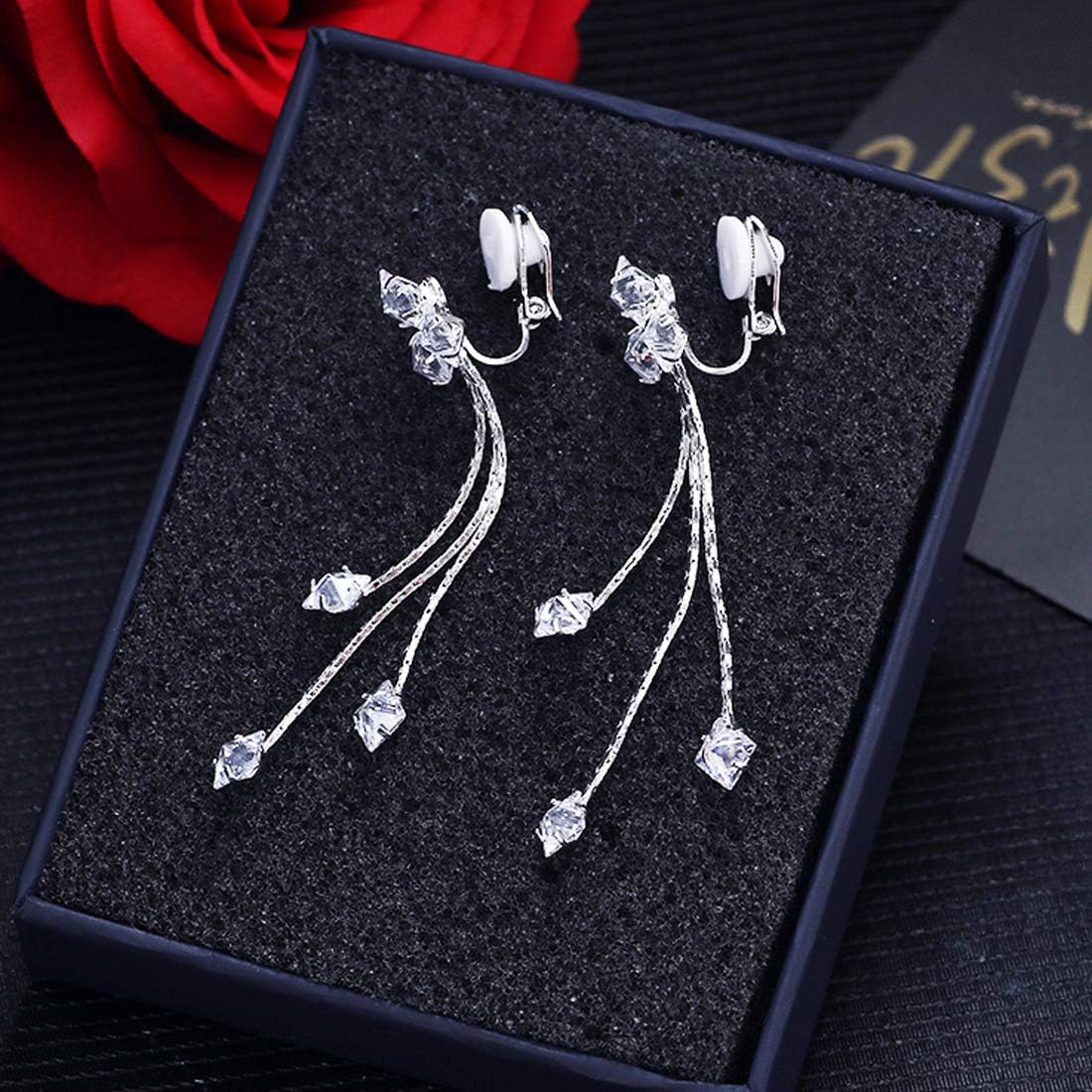 YOQUCOL Women Cubic Zirconia Crystal Long Drop Dangle Clip On Earrings For Not Pierced Women - Image 6