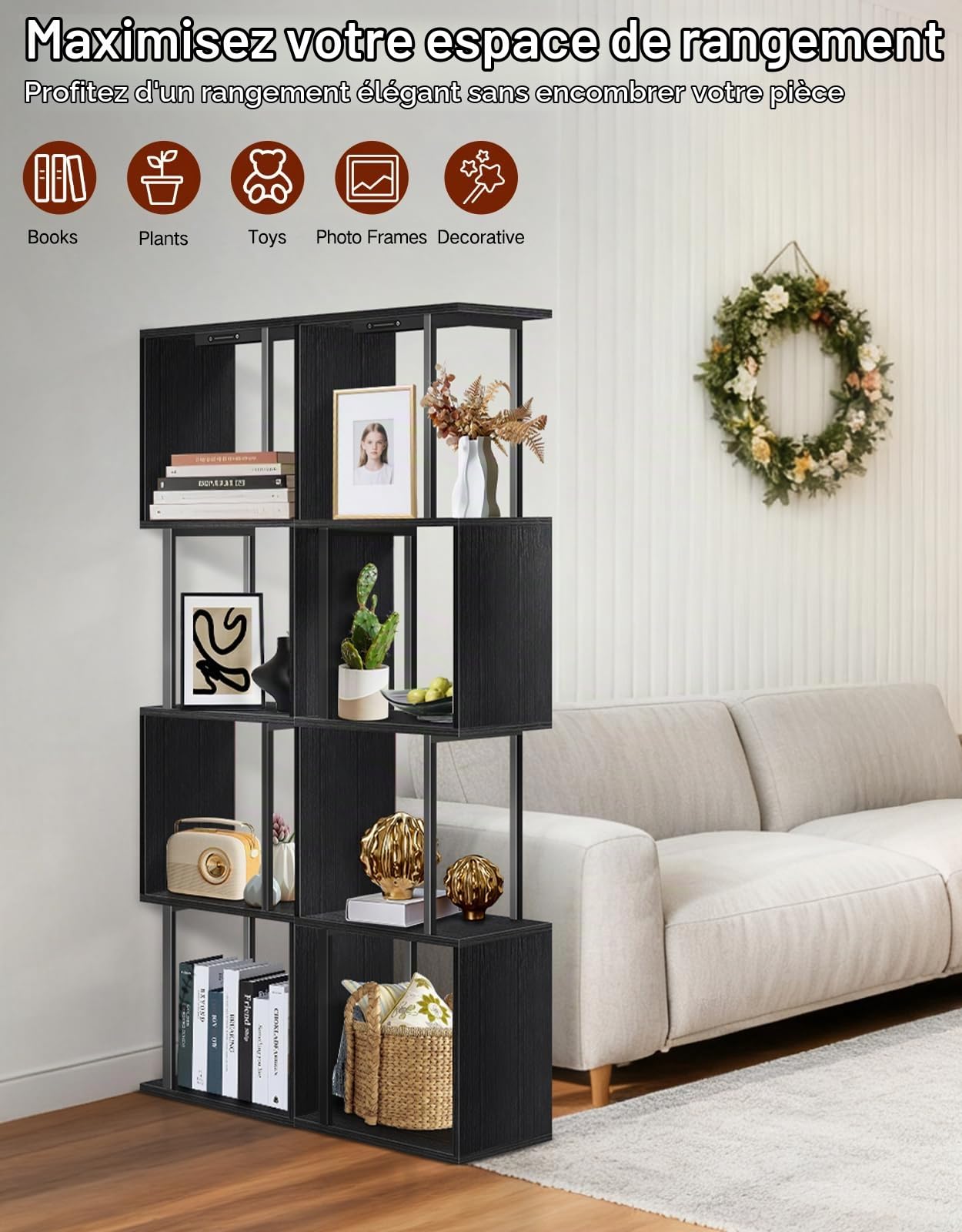 Bibliothèque Géométrique en S à 5 Niveaux avec Lumière LED, 3 Températures de Couleur, Commande Tactile et Télécommande, Étagère Ajustable pour Salon, Chambre ou Bureau