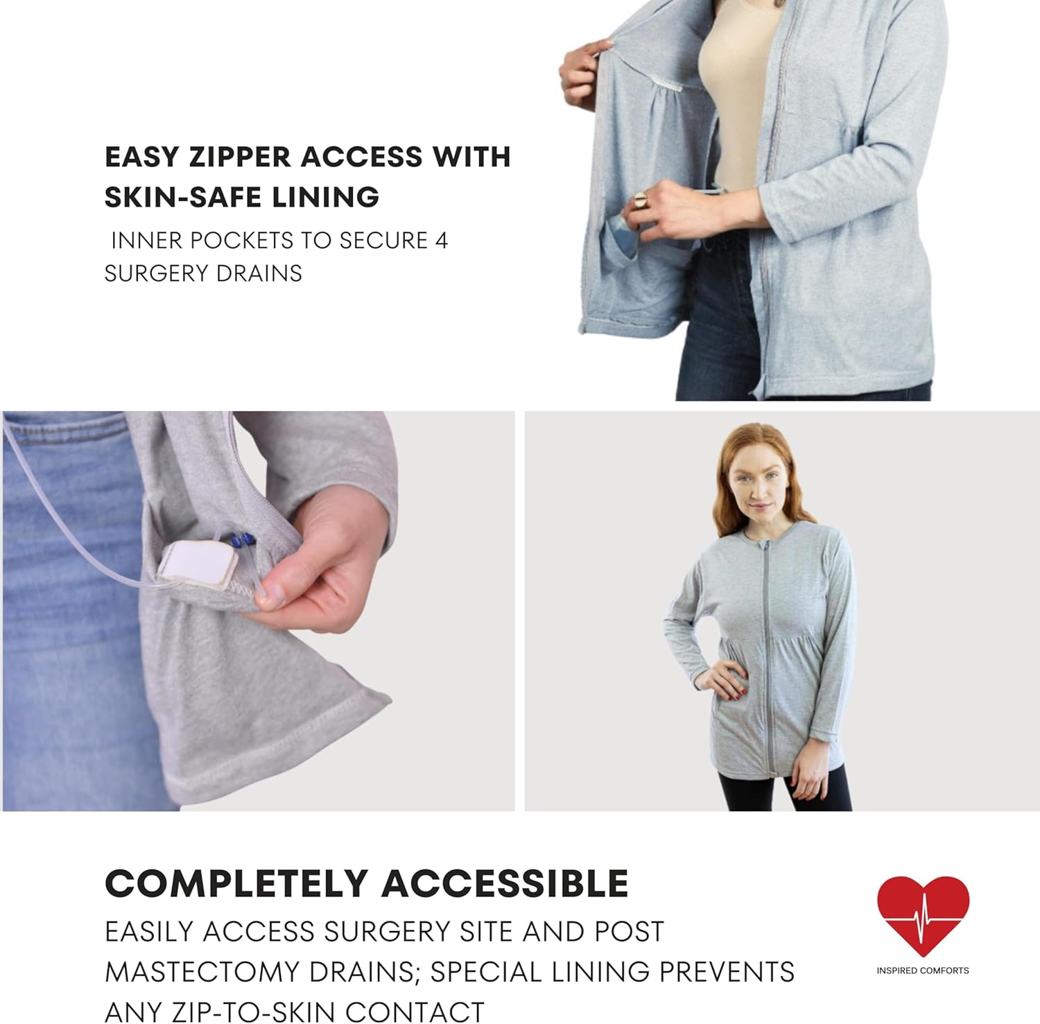 Inspired Comforts Women's Mastectomy Recovery Full Sleeves Front Open Zip Up Shirt with Drain Pockets - Image 3
