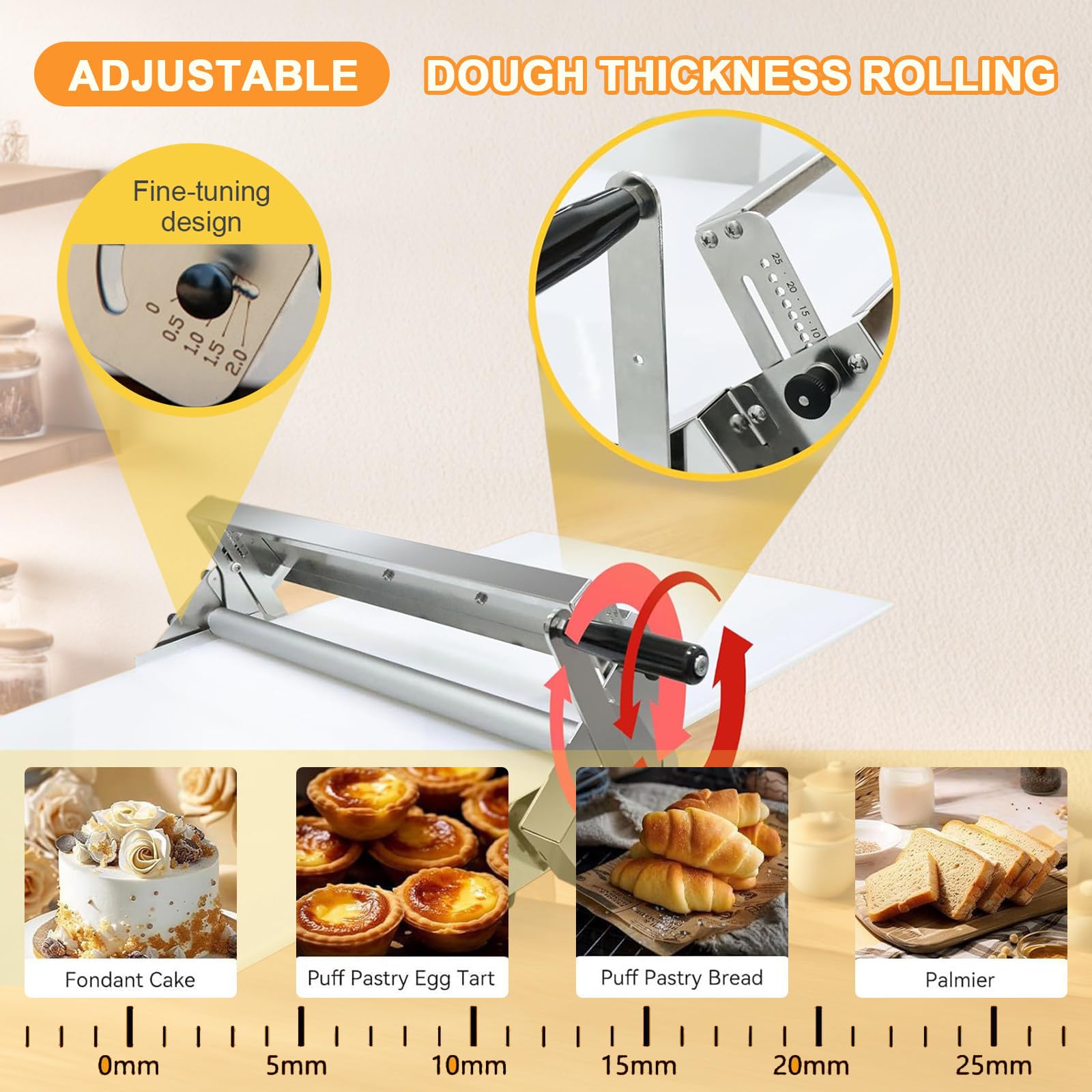 Sfogliatrice Pasticceria Manuale Pieghevole, Sfogliatrice Pasticceria Manuale In Acciaio Inox, Spessori Regolabili da 0 a 25 mm, Superficie Antiaderente in PP, per Croissant, Pizza e Pasta 400-Model