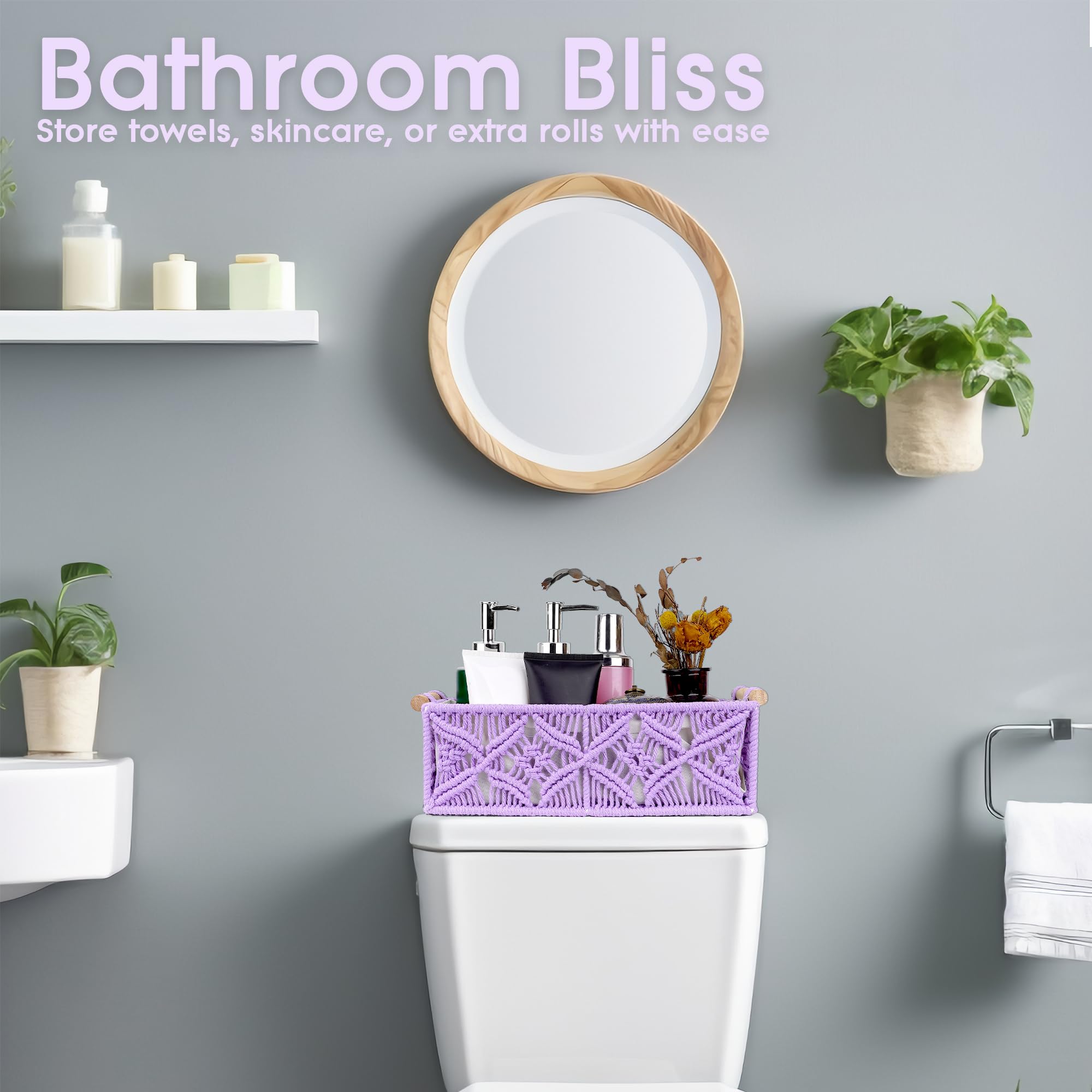 BUNCHBRAVO Boho Macrame Storage Baskets - Set of 2 with Purple Leaf Pattern, Cotton Woven Bins for Toilet Tank, Bathroom, Shelf, Entryway Decor, Clutter-Free Space Organizers