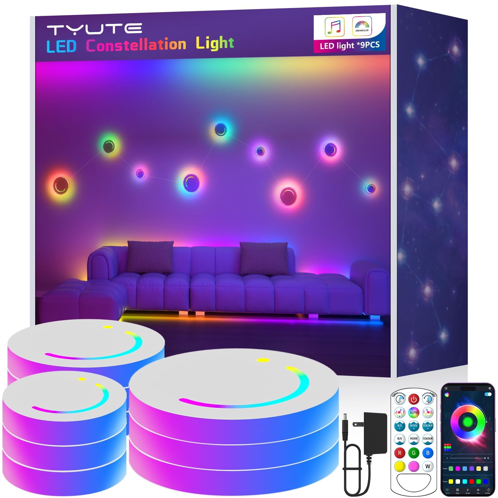 Tyute RGB Smart Wall Light, LED Constellation Light, DIY Starry Night Strip Lights with App & Remote Control, Music Sync
