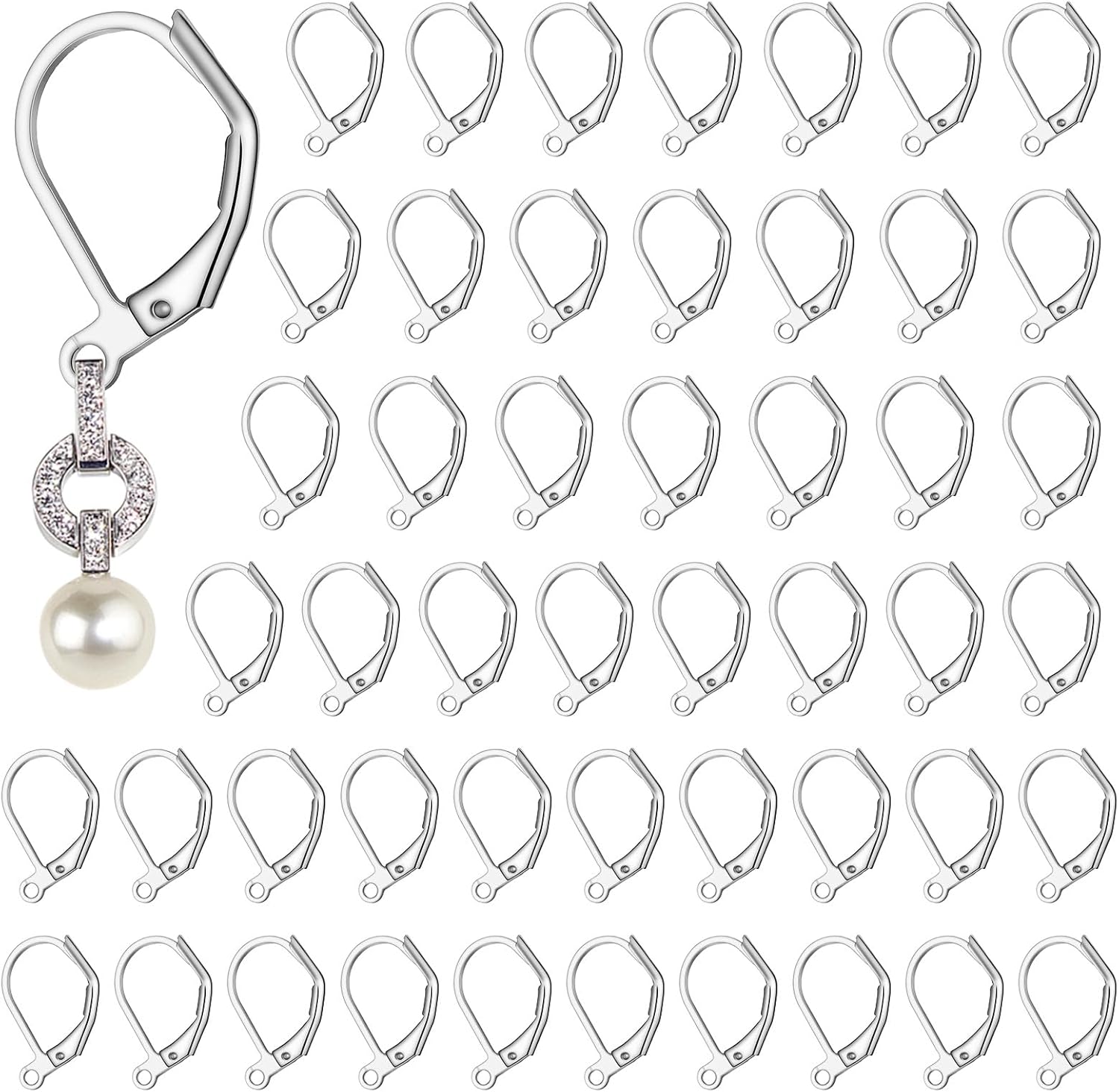 50PCS Leverback Earring Clasps, Leverback French Earring Hooks for Women, Silver Ear Wire Findings, Earrings Connector for Jewelry Making and DIY Crafts (14x13 mm)