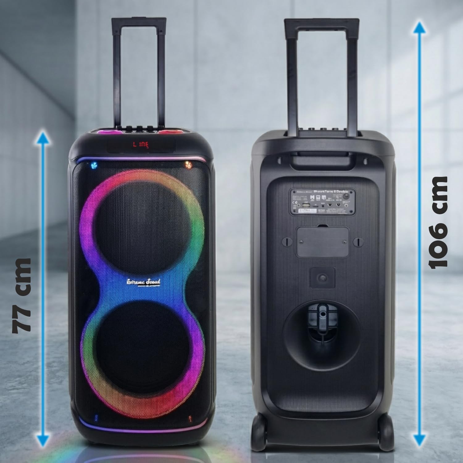 Extreme Sound Cassa audio Trolley doppio Woofer 10" pollici con Microfoni Wireless, Bluetooth, Batteria Ricaricabile Alta Potenza - AMPLIFICATA - Cassa per Eventi - Karaoke e artisti di strada