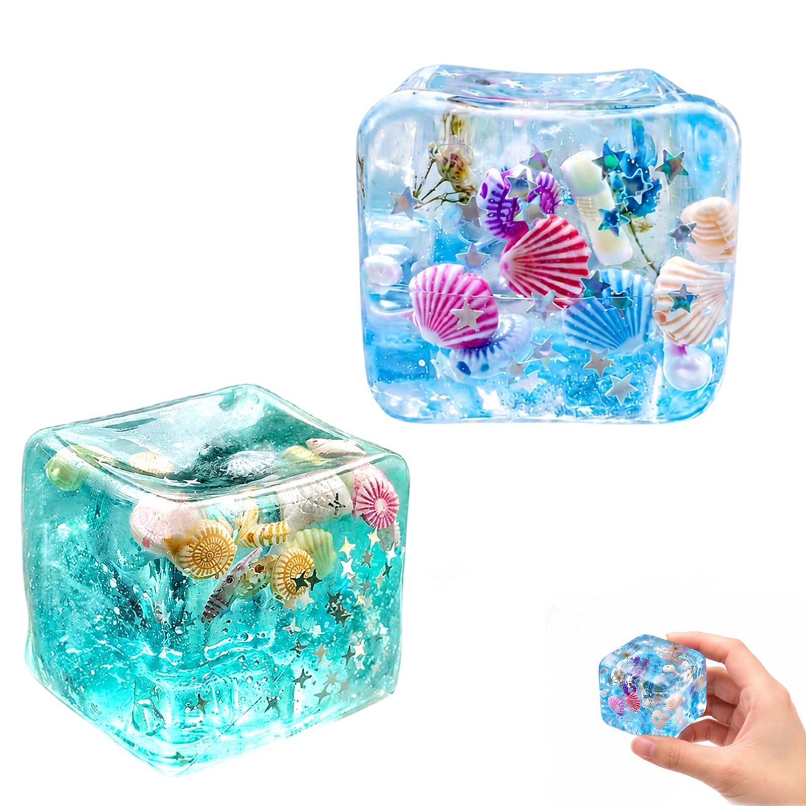 BATSEREN 2-Piece Ice Cube Squishy Set, Ocean Fidget Squishy Cube in Sea Blue and Emerald Green, Mini 3cm Stress Cube Sensory Squeeze Toys for Adults, Desk Toys for Office