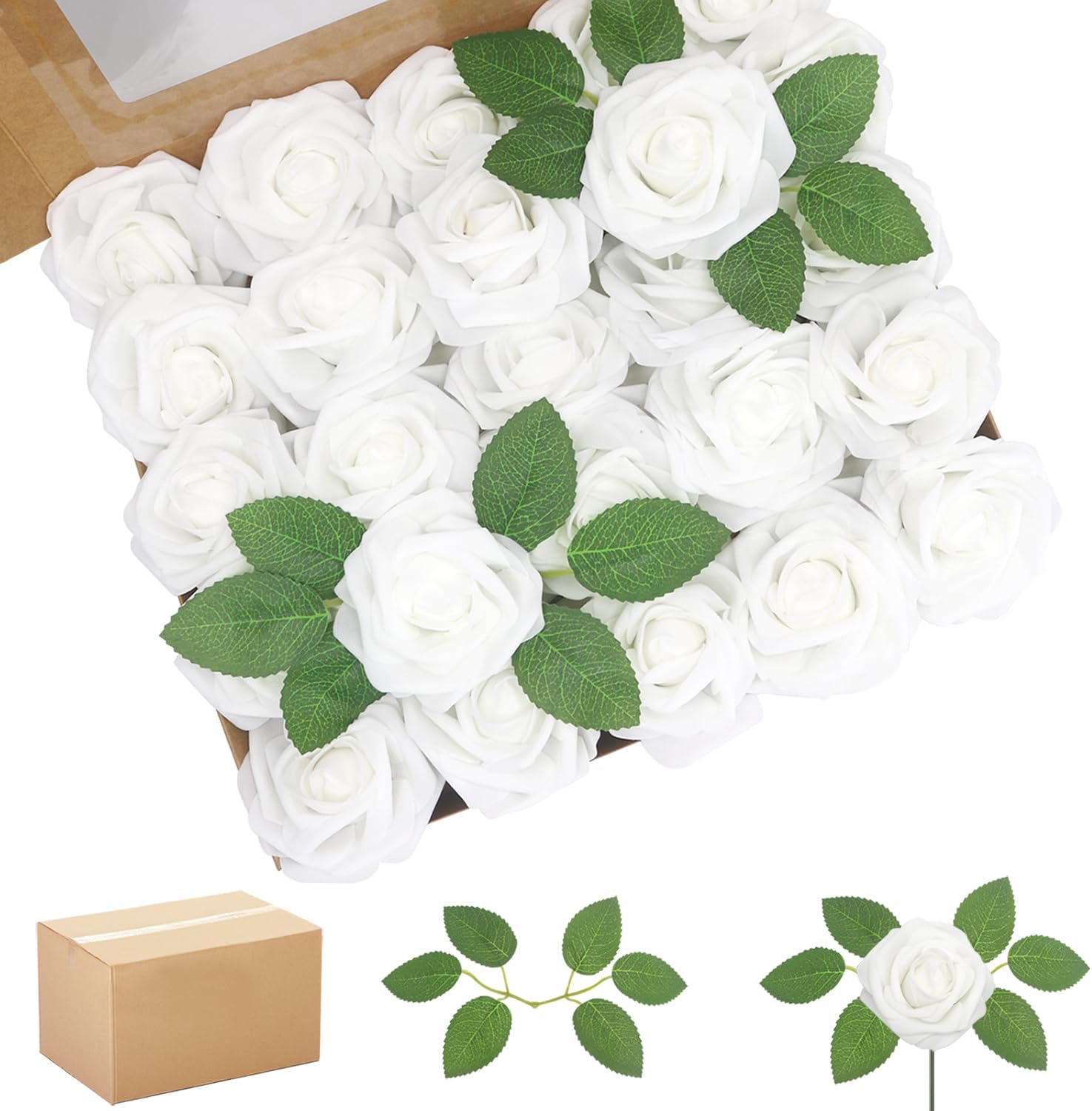 200PCS Artificial Flowers White Roses Real Looking Foam Fake Roses with Leaves and for DIY Wedding Bouquets Bridal Shower Centerpieces Party Decorations (White, 200) 200 White