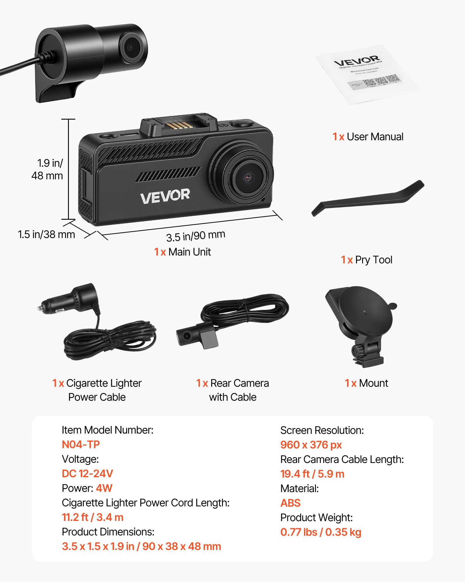 VEVOR Cámara de Salpicadero para Coche con Ventosa, Dashcam Frontal y Trasera 4K+1080P, con Tarjeta de 64 GB, GPS Integrado, Sensor G, Ángulo de Visión Frontal 129° y Trasero 125°, Grabación en Bucle