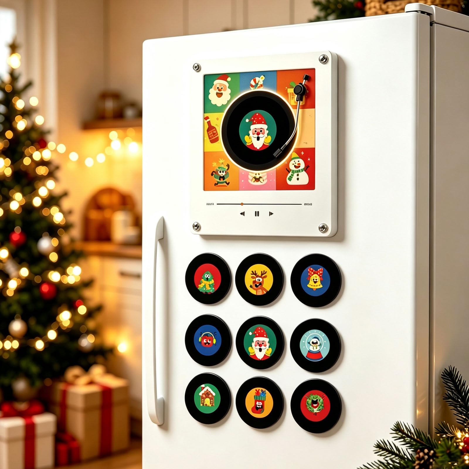 Christmas Mini Vinyl Record Music Player with 9 NFC Fridge Records，Xmas D