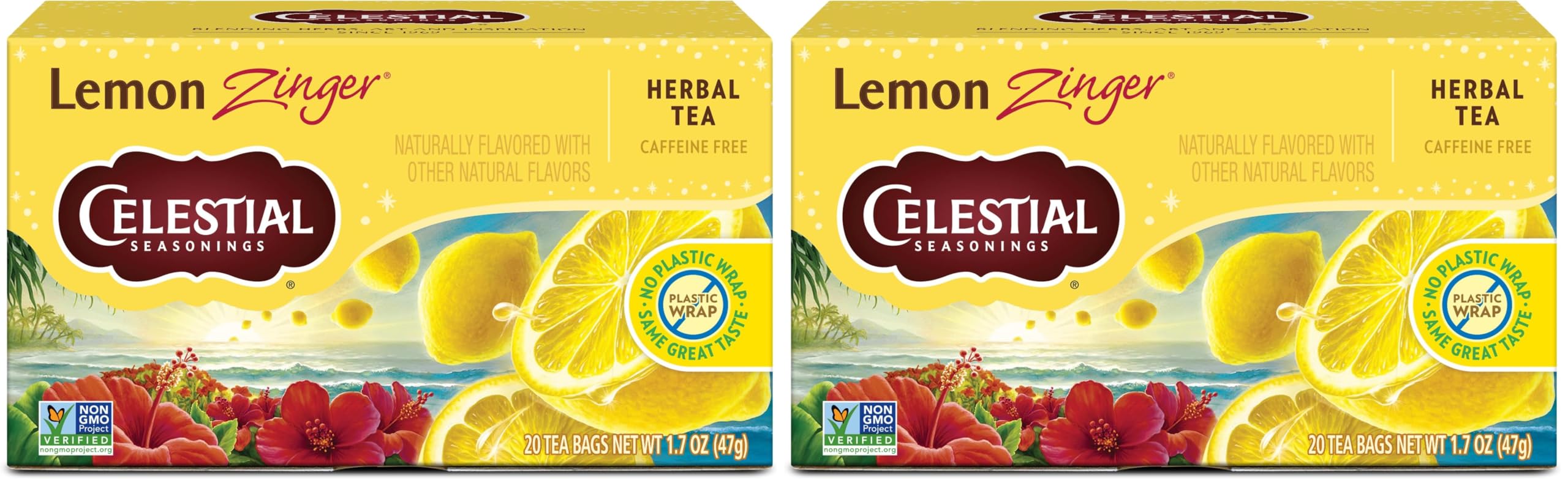 Celestial Seasonings Lemon Zinger Herbal Tea, Caffeine Free, 20 Tea Bags Box (Pack of 2)