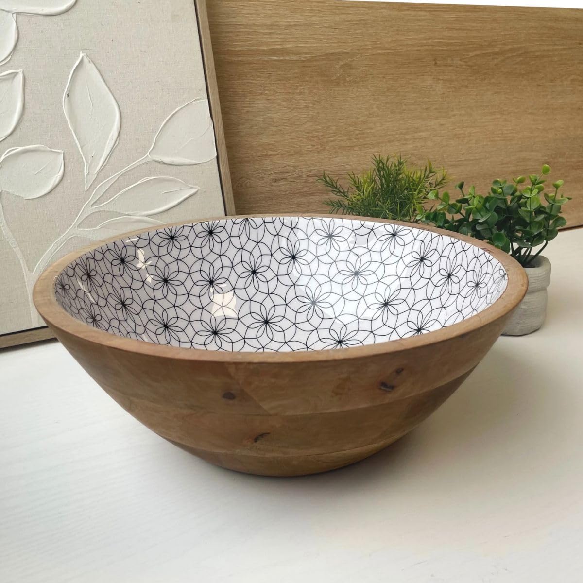Grand Saladier en Bois de Manguier, Ø30,5 cm, Intérieur Blanc à Motifs Noirs, Collection Black, Design Contemporain, Contenance 3L