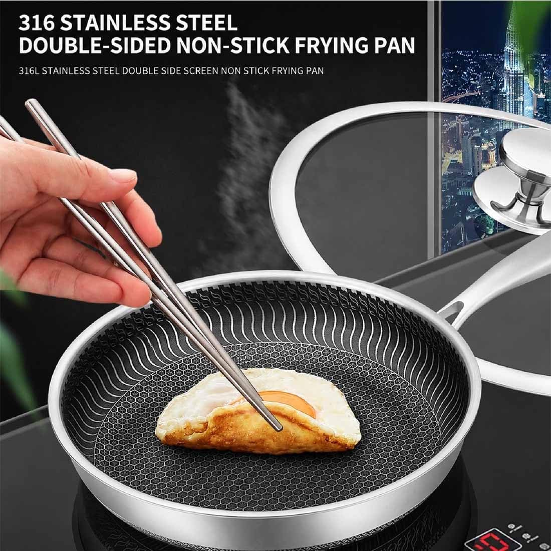 Hybrid Bratpfanne, Antihaft-Edelstahl mit Deckel, kratzfestes Design, gleichmäßige Wärmeverteilung für das tägliche Kochen, 26 cm Größe