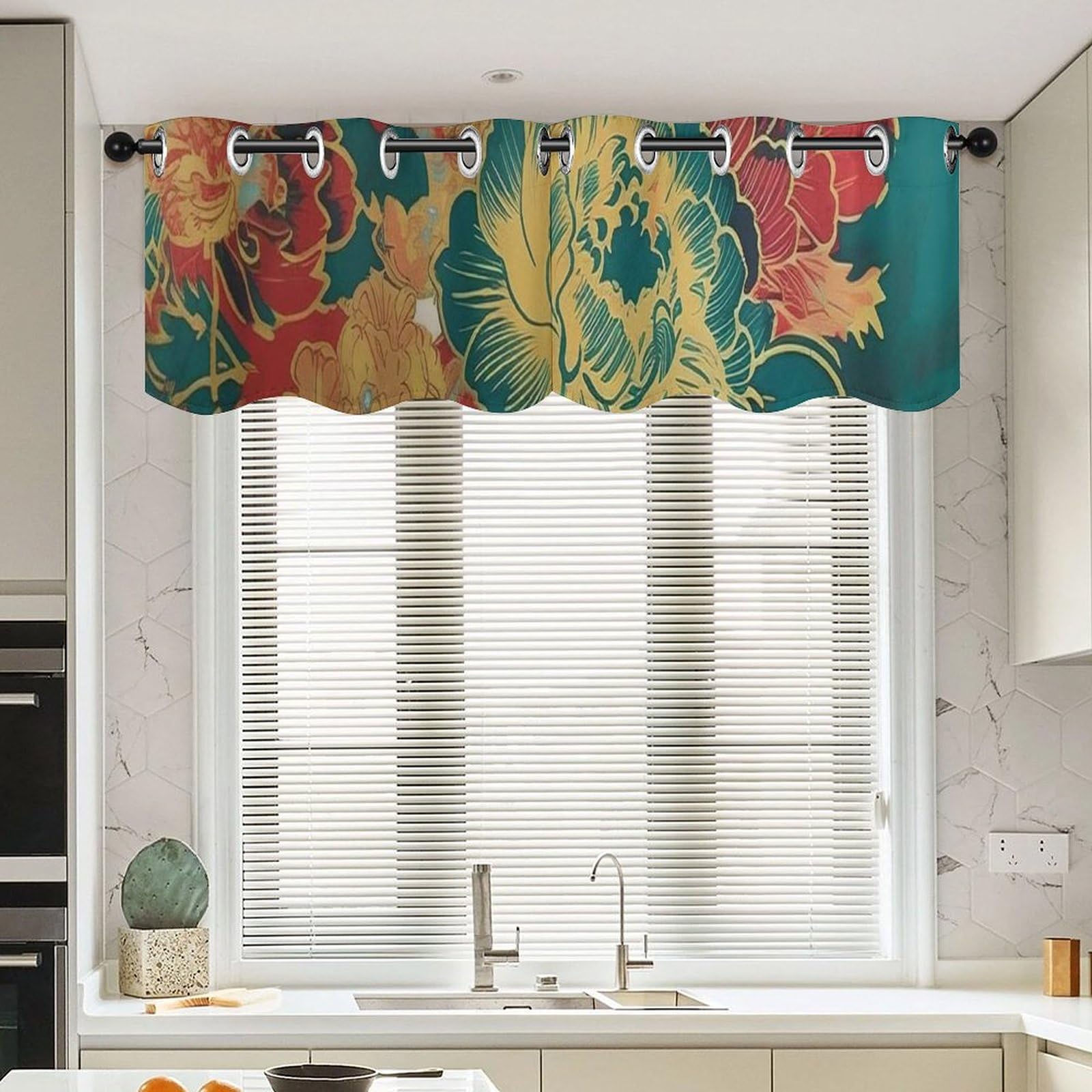 Cantonnière chinoiserie florale rouge avec 2 rideaux de cuisine japonais 132x45 cm