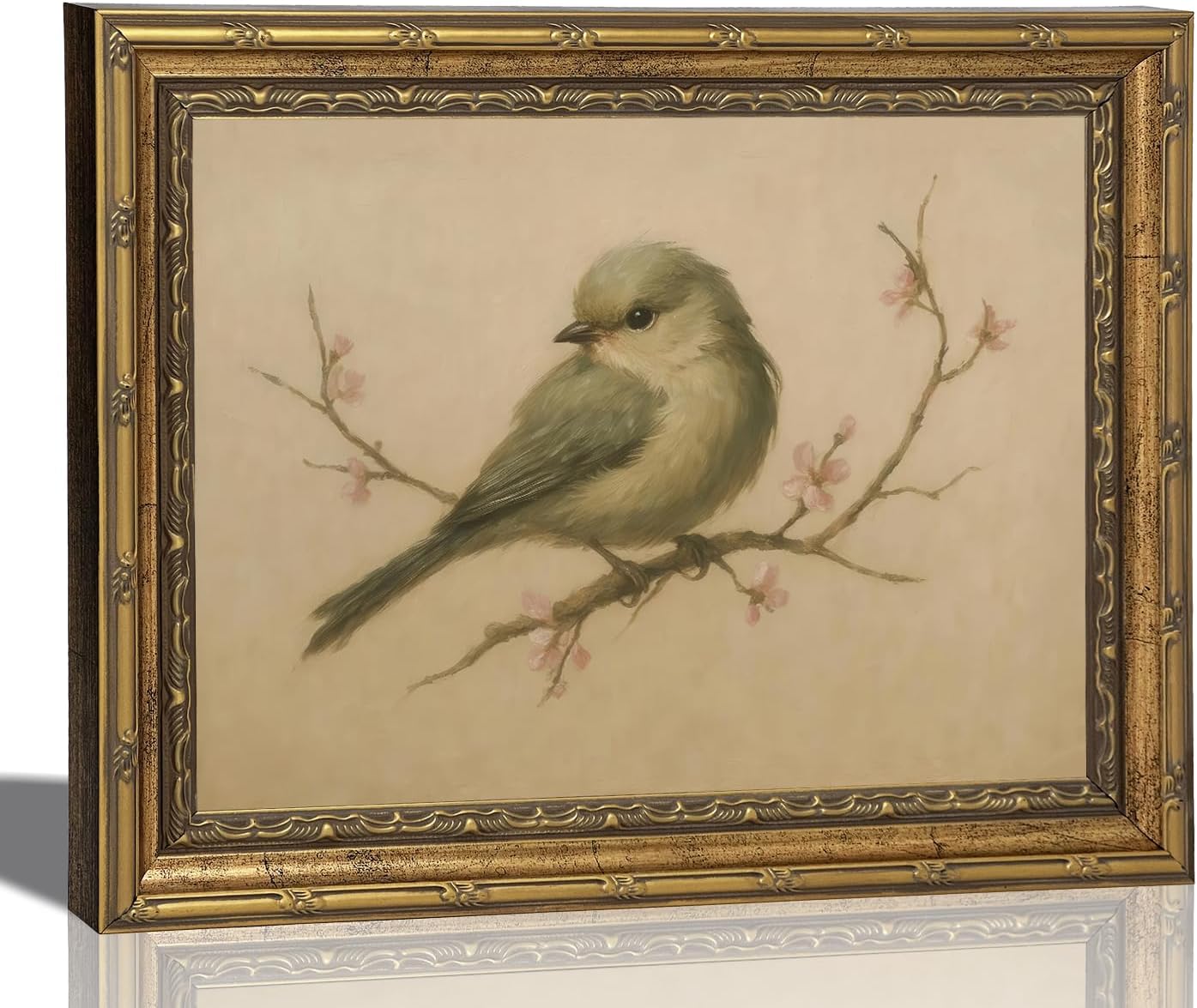 Vintage Gold Framed Spring Bird Wall Art Rural Farmhouse Wall Decor Watercolor Cherry Blossom Canvas Print Antique Nature Line Picture Painting for Living Room Bathroom Gallery Decoration 12x16in