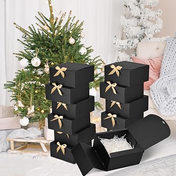 WLUSEAXI Black Gift Boxes with Lids and Gold Ribbon, 12 Pack