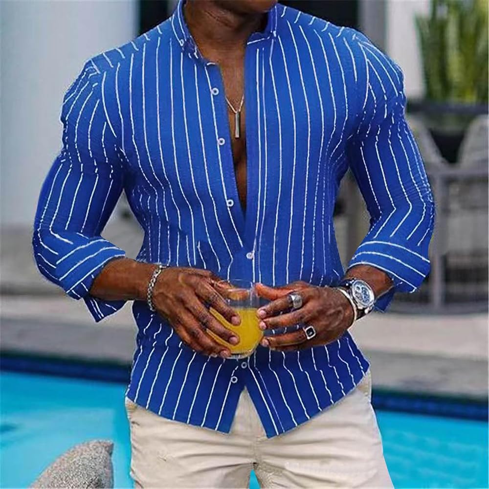 Generic Men's Cotton Linen Shirts Casual Long Sleeve Button-Down Classic Striped  Dress Shirt Loose Work Office Blouse Tops Blue : Amazon.ca: Clothing, Shoes  \u0026 Accessories