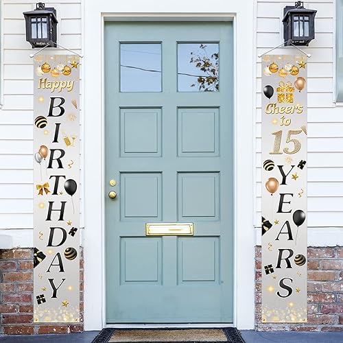 5665 Cartel de feliz cumpleaños 15 para porche, decoración de puerta gris con texto en inglés "Cheers to 15 años" para fiestas temáticas para niños