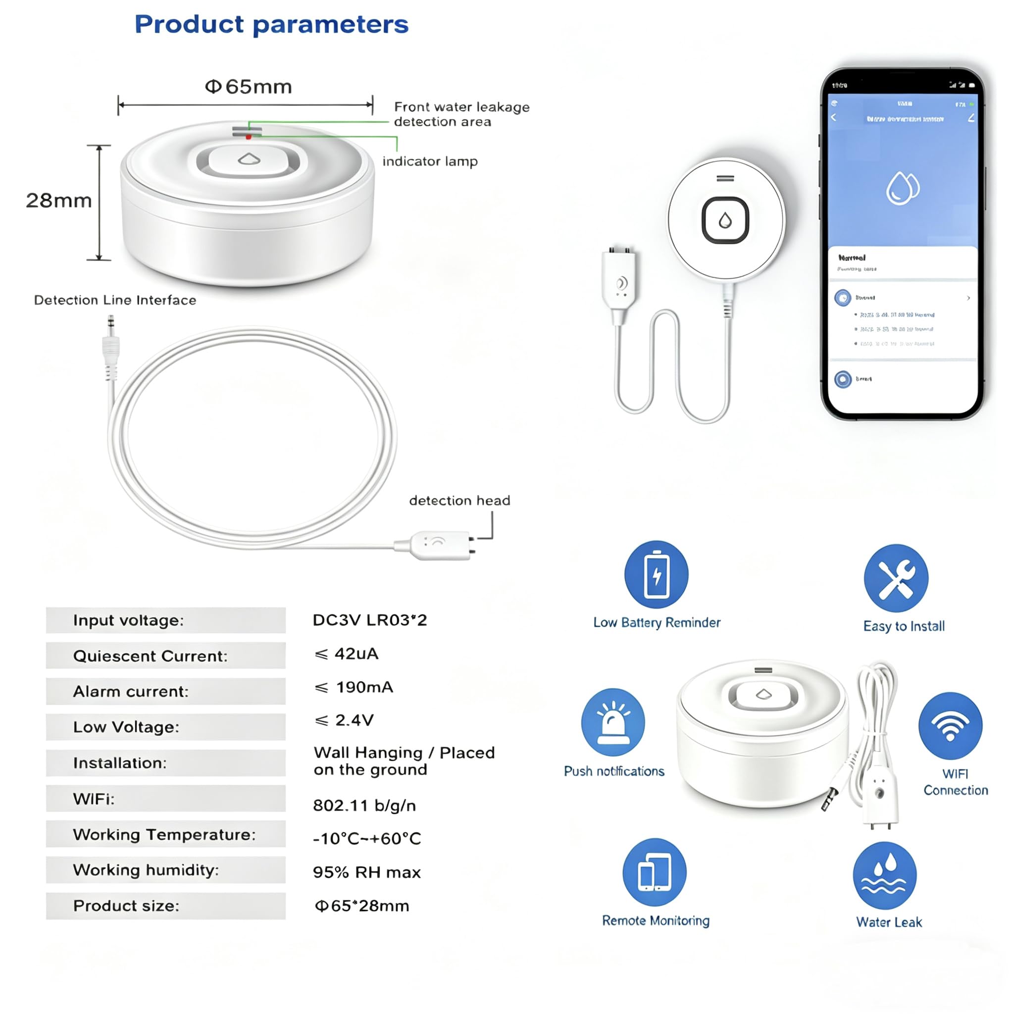 Smart WiFi Wassermelder mit 100dB Alarm & App-Push, Wasserleck-Sensor für Küche, Bad & Waschmaschine,4 Stück
