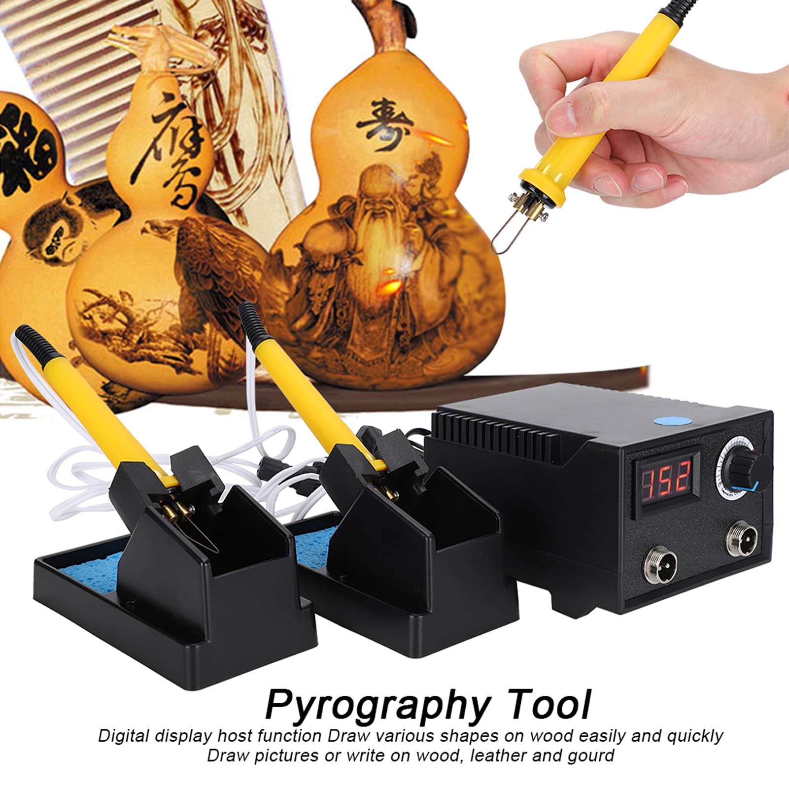 Kit de quema de madera de doble pluma Pantalla digital de temperatura ajustable Kit de pluma de pirograbado profesional con 30 puntas de alambre, máquina de artesanía ardiente para madera(EU)