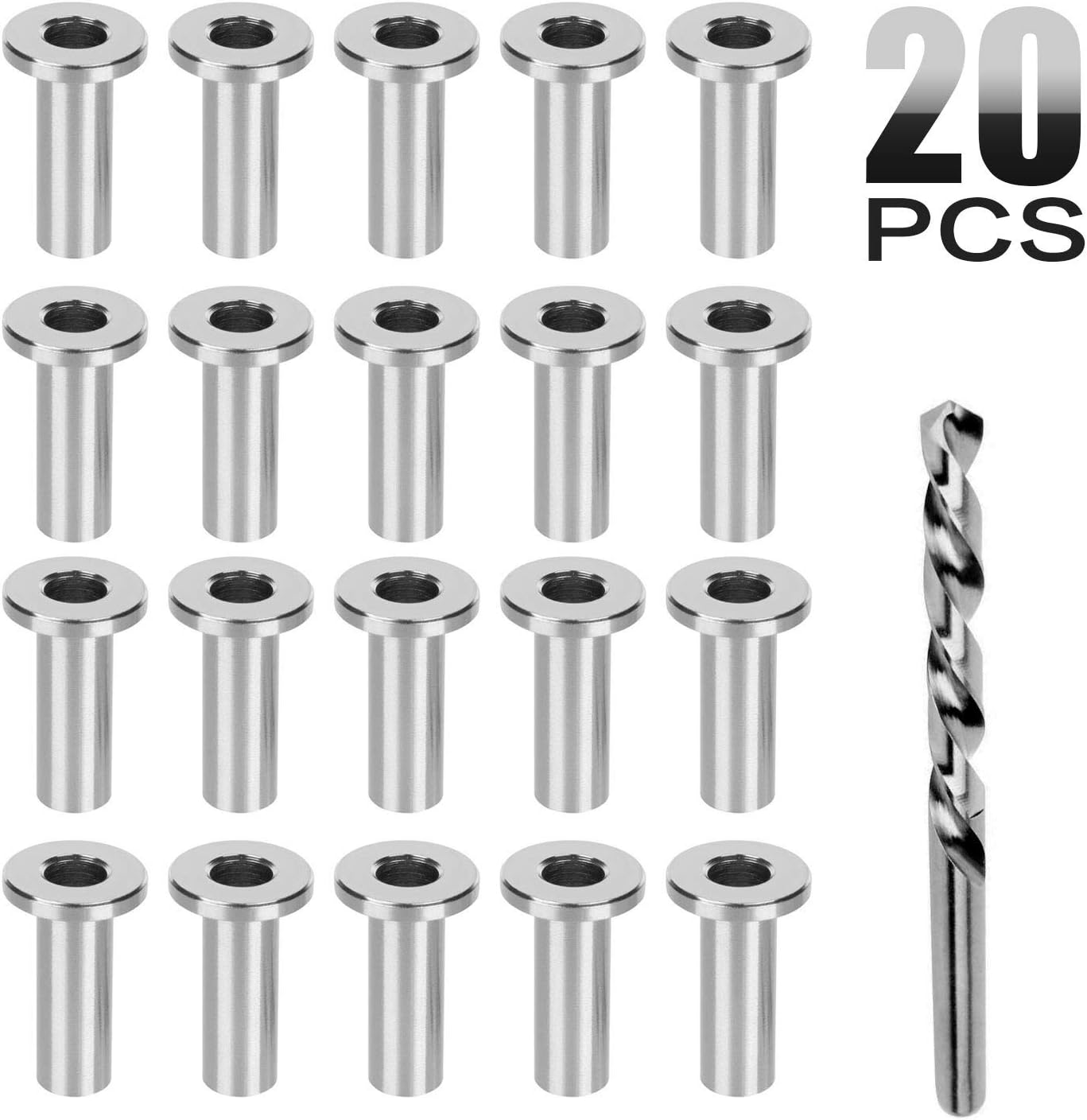 Lynkaye 20pcs Stainless Steel Protective Protector Sleeves Grommet for Deck Cable Railing Kit Wood and Composite Posts for 1/8", 5/32" or 3/16" Cables, T316 Marine Grade,Come with A Free Drill Bit