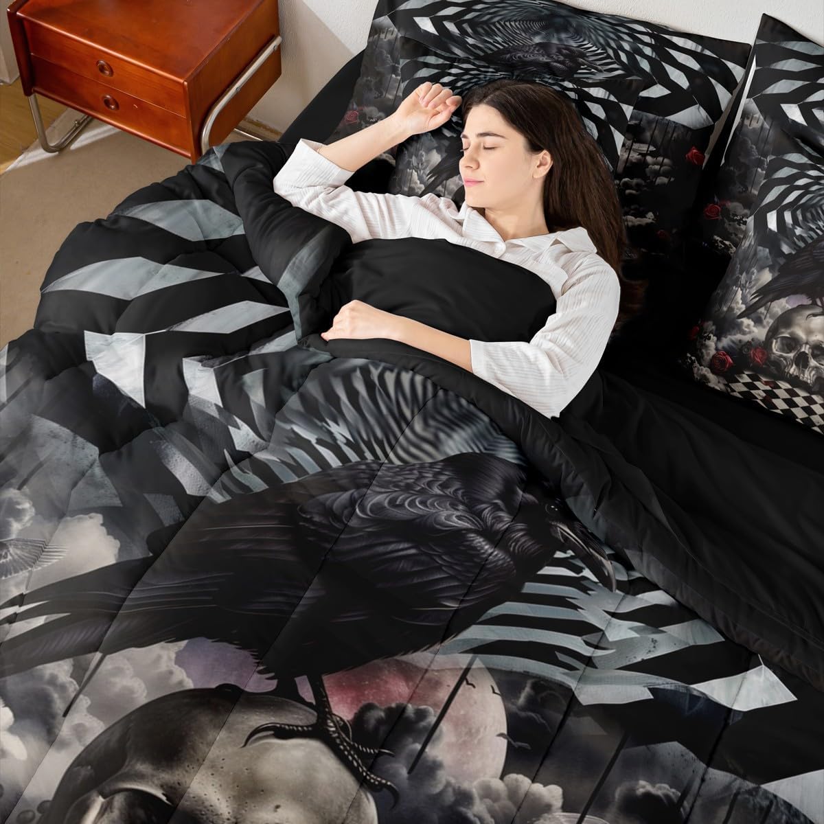 Erosebridal Halloween Crow Twin Comforter Set with Sheets 7 Piece Gothic Skull Bed in A Bag Rose Skull Bedding Sets for Kids Adults,Skeleton Bones Bed Set