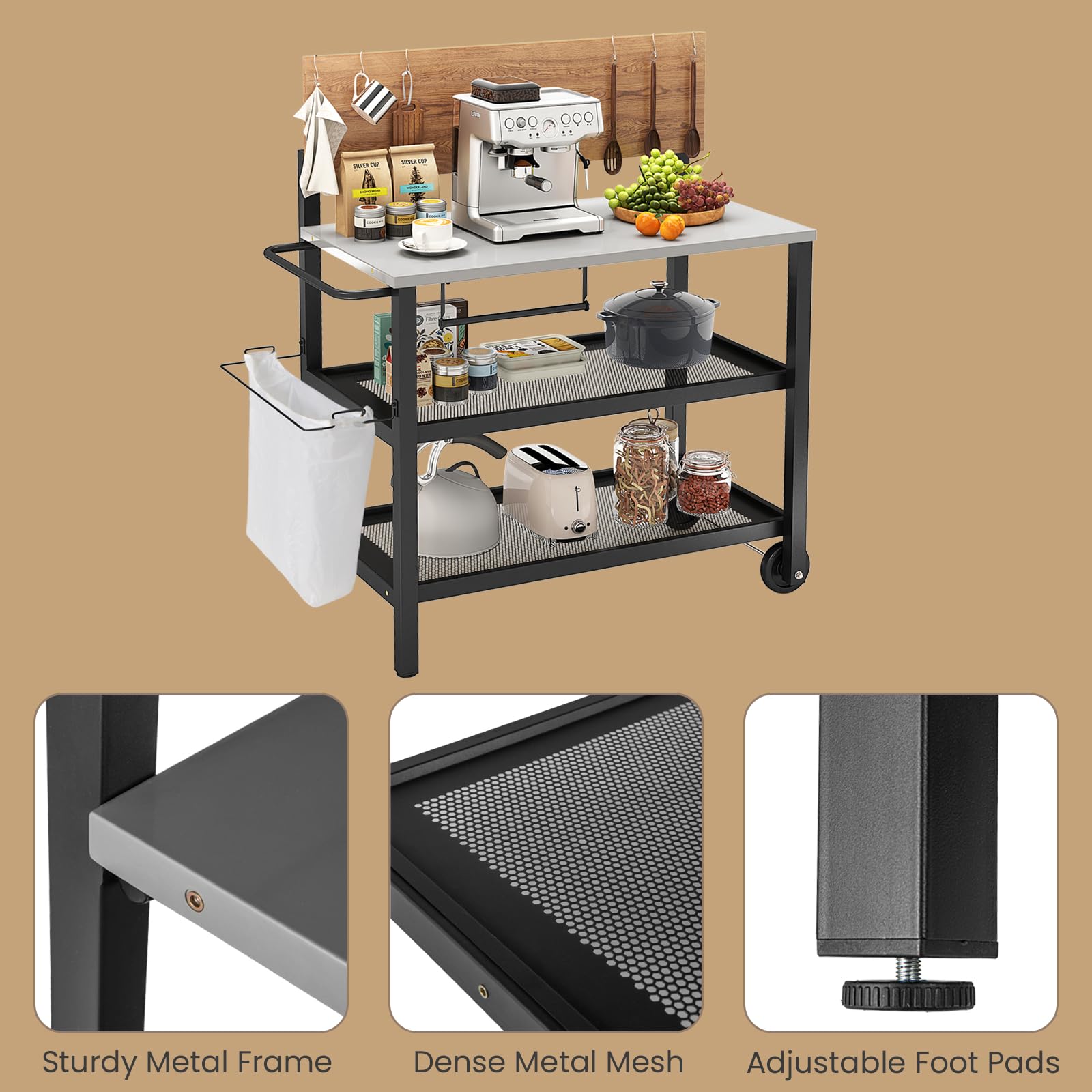 KOMFOTTEU Chariot pour Barbecue à 3 Niveaux, Desserte de Jardin avec Plateau Rabattable, Table de Grill Mobile avec Porte-Serviettes, Crochets, 116 x 55 x 130 cm, Noir