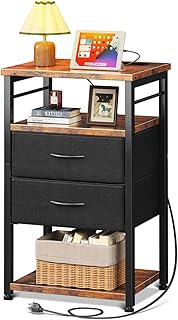 AODK サイドテーブル ナイトテーブル ベッドサイドテーブル コンセント付き 40×30×70cm 引き出し付き 収納付き ベッド横 組み立て簡単 コンパクト (ビンテージ&ブラック)