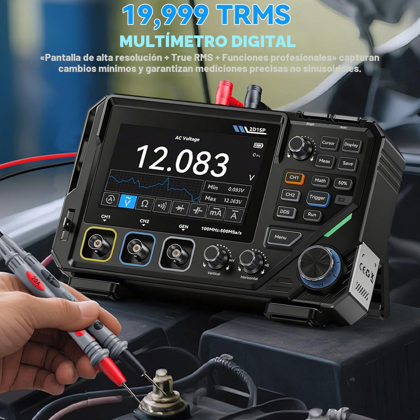 2D15P Osciloscopio, 100MHz Osciloscopio Digital Multímetro 3 en 1 Generador de Señal DDS, Pantalla Táctil de 4,3", 19’999 TRMS, Precisión de 4,5 Dígitos, Multímetro 500MSPS