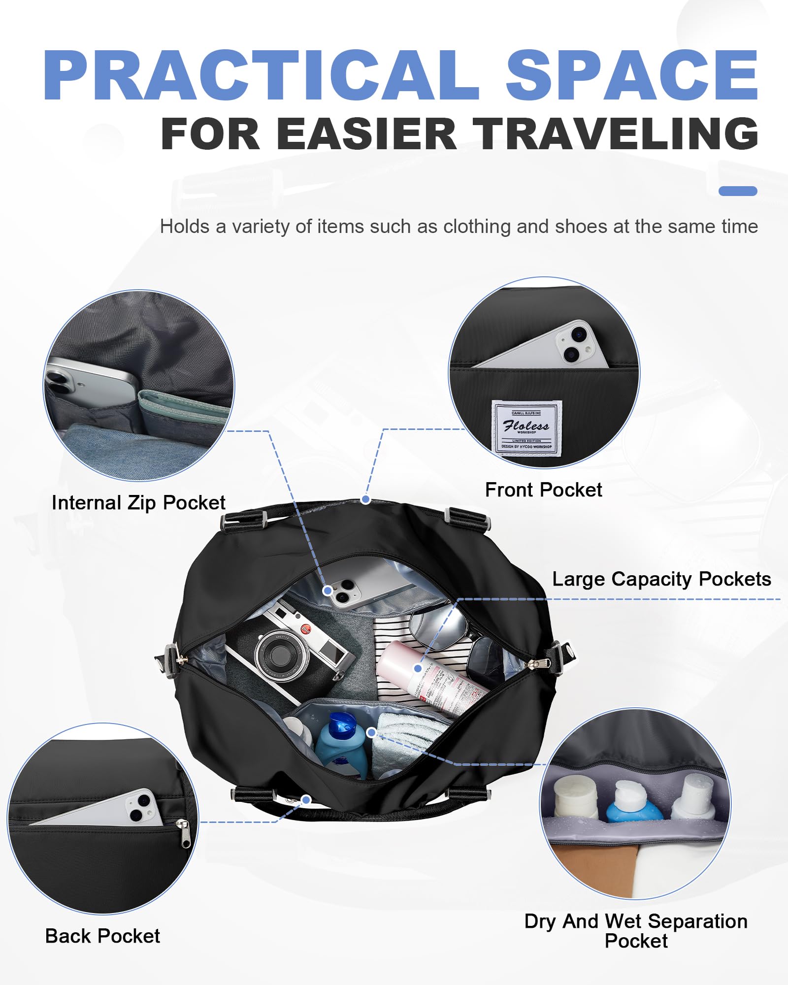 Travel Duffel Bag, 18x14x8 Inches Travel Bag Spirit with Shoes Compartment, Weekender Overnight Bag for Women with Trolley Sleeve, Carry On Bag for Airplanes Sport Tote Gym Bag Black