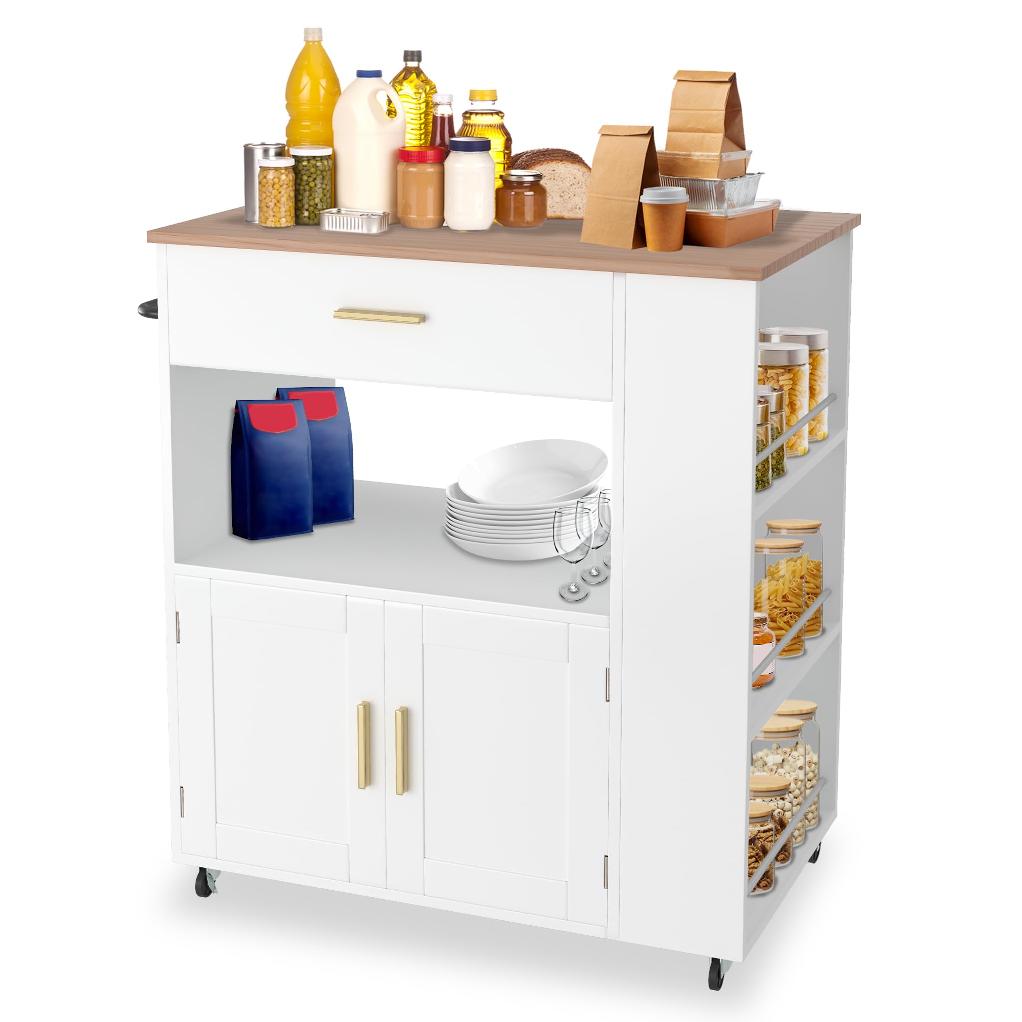 FIVMEN Armario de cocina con ruedas, color blanco, isla de cocina con encimera, carrito de cocina, carrito de madera, incluye 3 estantes para especias, 93 x 75 x 46 cm