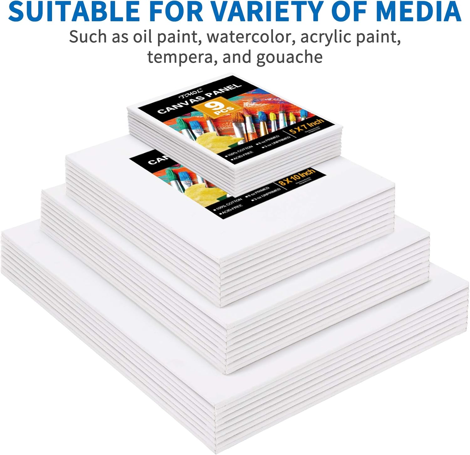 Painting Canvas Panels Multi Pack- 5x7", 8x10", 9x12", 11x14" (9 of Each), Set of 36, 100% Cotton Artist Canvas Boards for Painting, Primed White Canvas, for Acrylic, Oil Paint, Wet or Dry Art Media