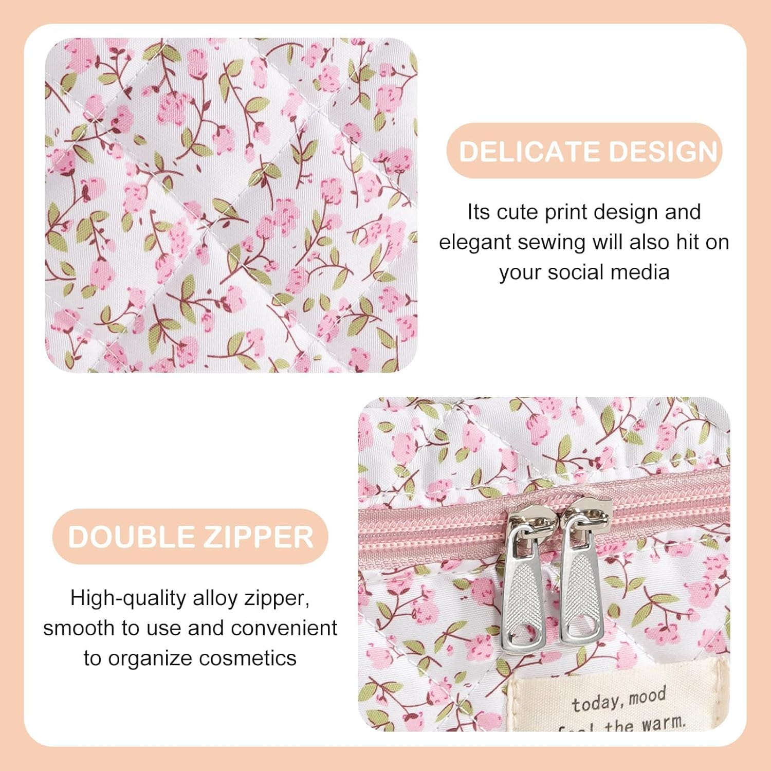 Makeup Bag for Women 3PCS Quilted Cotton Make Up Bag Travel Cosmetic Bag Large Makeup Bag Set Cute Makeups Organizer Floral Toiletry Pouch for Purse, Pink Floral D - Image 7
