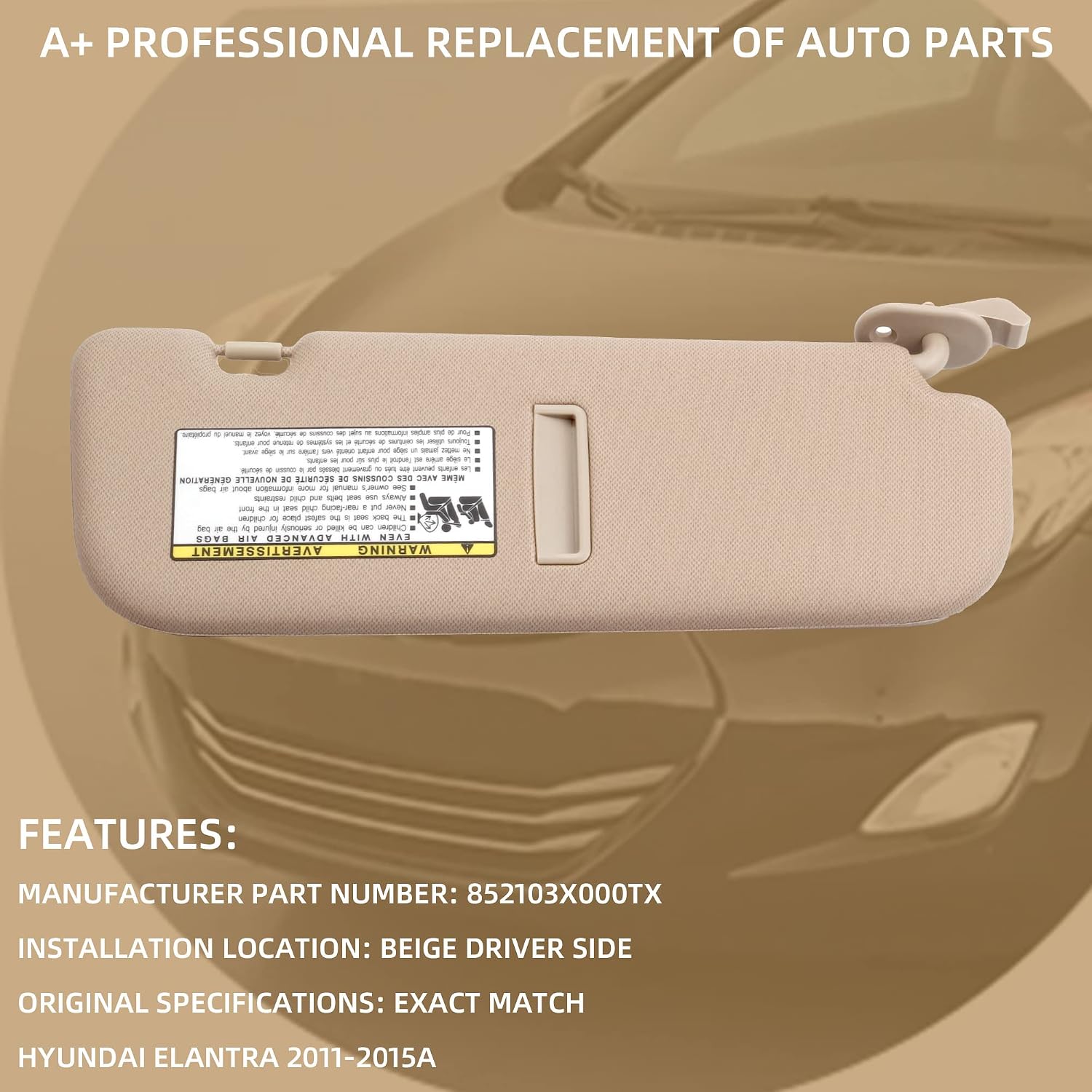 Dasbecan Beige Left Driver Side Sun Visor Compatible with Hyundai Elantra 2011 2012 2013 2014 2015 Replaces# 852103X000TX
