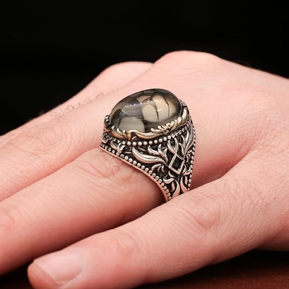 Yemeni Aqeeq Ring, Silver Ring With Stone For Men, Agate Aqeeq Men Ring, Men Silver Ring 925 With Stone, Turkish Ring, Gemstone Mens Ring