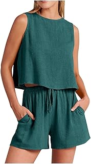 Short Sets For Women 2 Piece Vacation Outfits 2024 Summer Sleeveless Crop Top Elastic Waist Shorts Set Linen Lounge Set
