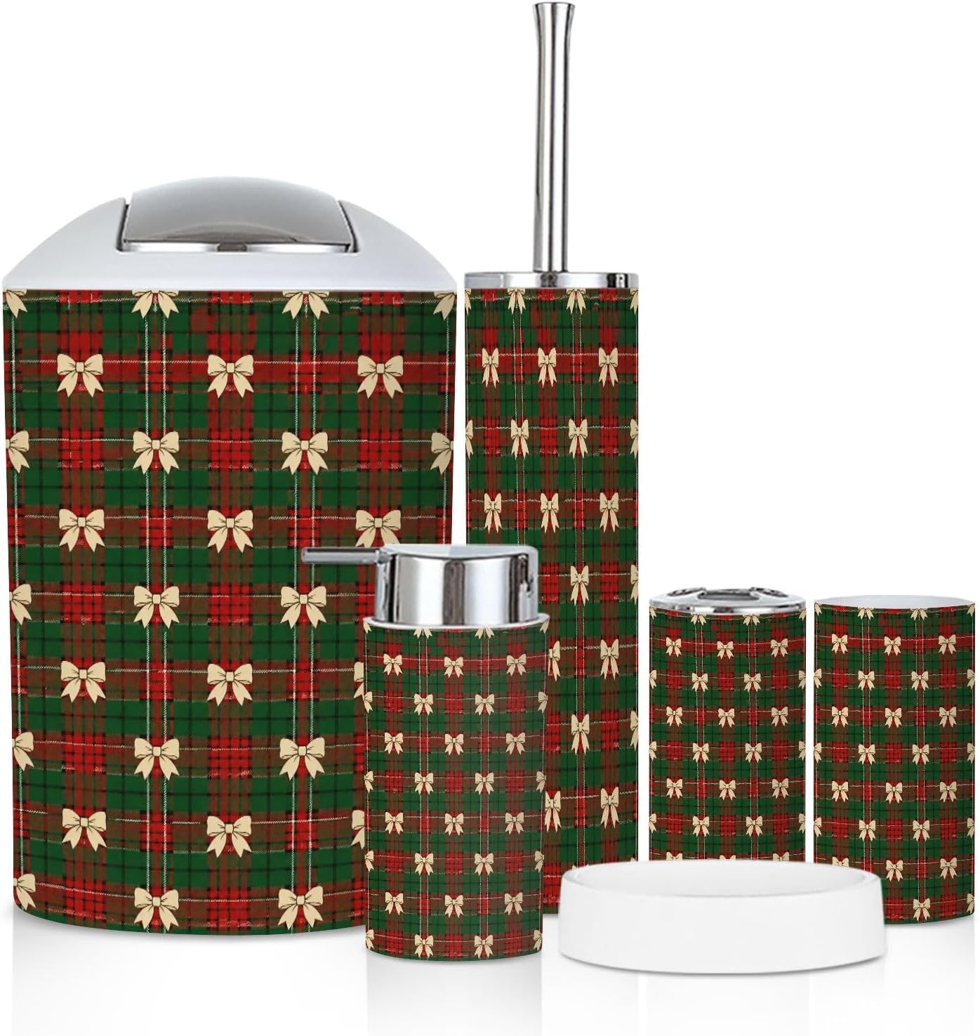 Bathroom Accessory Set 6PCS Tartan Plaid Bows Red Green Trash Can, Soap Dispenser, Toothbrush Holder, Toothbrush Cup, Toilet Brush Holder, Soap Dish for Gift