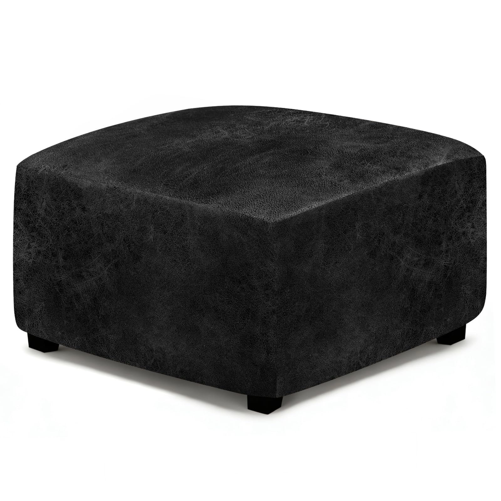 ANARACHON Leather Like Ottoman Cover, Stretch Small Square Ottoman Covers, Rectangular Ottoman Slipcovers with Removable Washable Non-Slip Elastic Bottom for Footstools (02 Black, Medium)