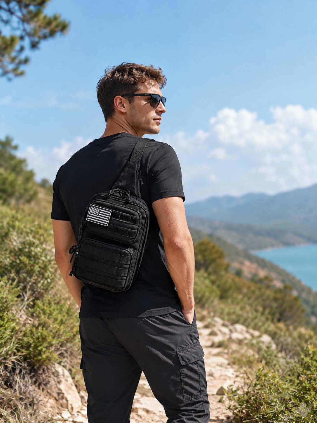 Wotony RFID Blocking Tactical Crossbody Bag for Men - Durable EDC Sling Shoulder Bag with Multi-Pocket Storage (Black, Medium)