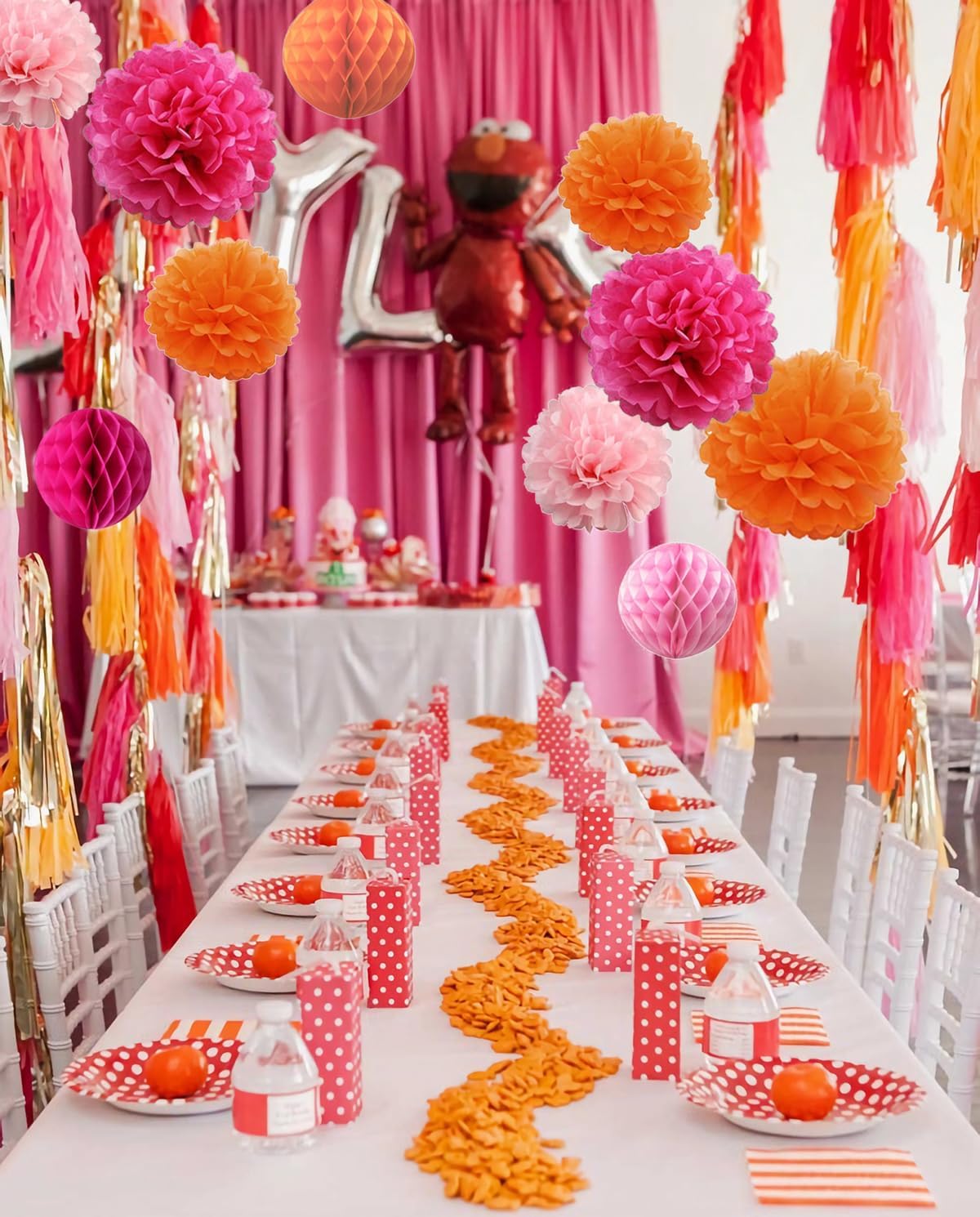 15PCS Hot Pink Orange Party Decorations Tissue Paper Flowers Pom Poms Honeycomb for Girl Groovy Birthday Baby Shower Wedding Bachelorette Summer Flamingo Party Nursery Wall Hanging Décor (Pack of 2)