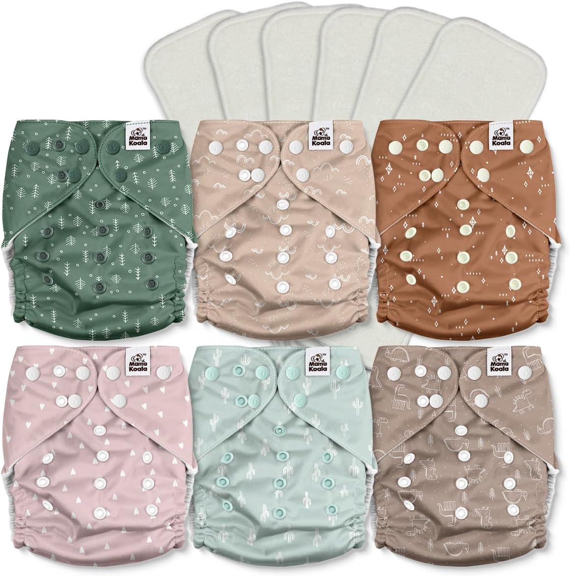 Mama Koala 3.0 Cloth Diapers for Babies with Suede Cloth Lining, Reusable Washable One Size Adjustable Pocket Diapers for Newborn and Toddler, 6 Pack with 6 5-Layer Natural Inserts (S-My Warm Heart)