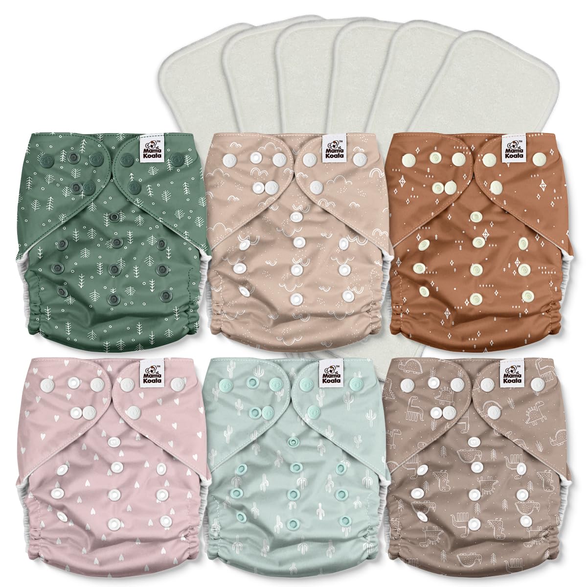 Mama Koala 3.0 Cloth Diapers for Babies with Suede Cloth Lining, Reusable Washable One Size Adjustable Pocket Diapers for Newborn and Toddler, 6 Pack with 6 5-Layer Natural Inserts (S-My Warm Heart)