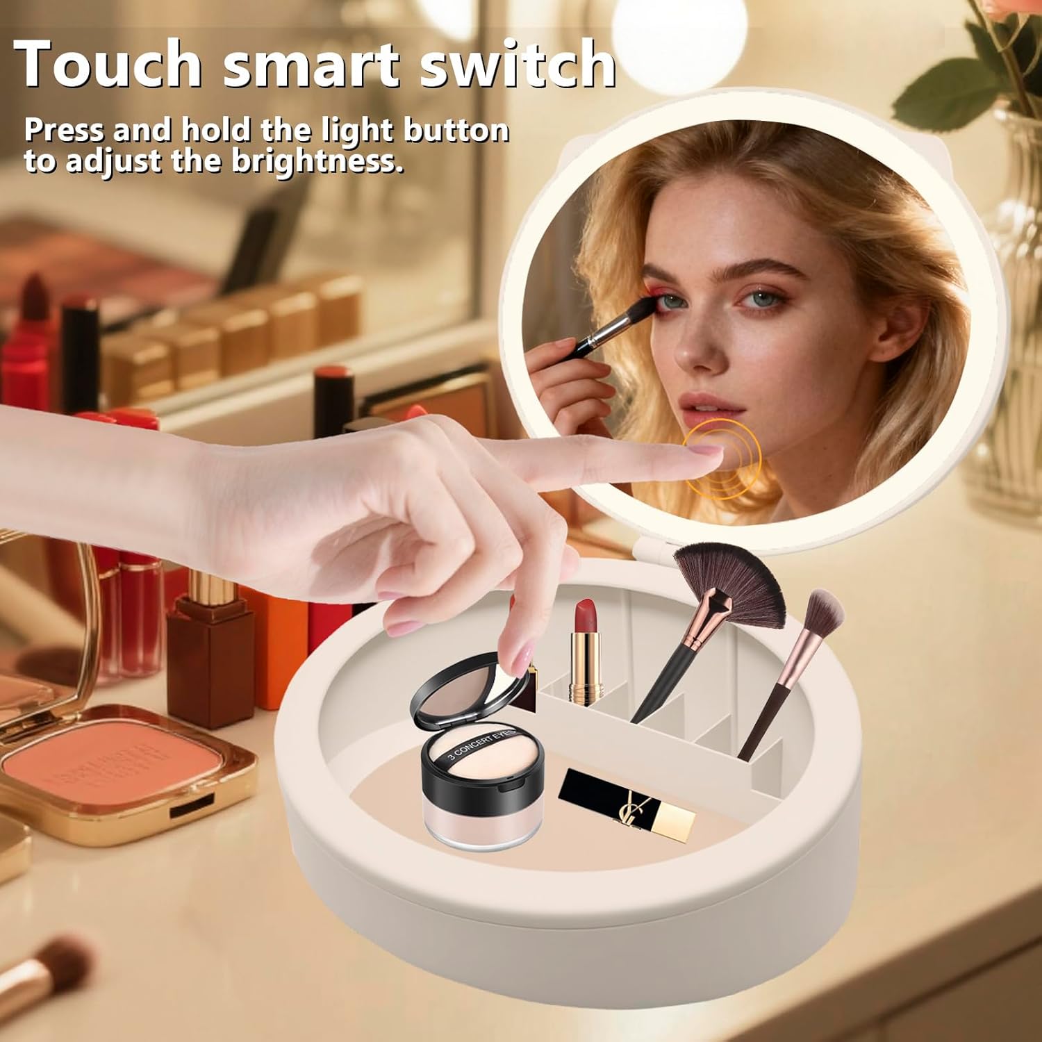 LED Makeup Mirror with Storage, 10X /1X Magnifying Vanity Mirror with 3 Types of Light, 66 LED Vanity Mirror with Lights,3-in-1 Deskop Storage Mirror,Travel Makep Mirror (White)