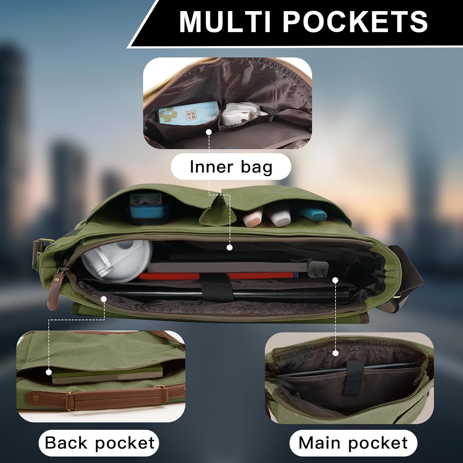 Vintage Canvas Messenger Bag for Men – Laptop Briefcase for Work & Travel – Multi-Pocket Crossbody Bag