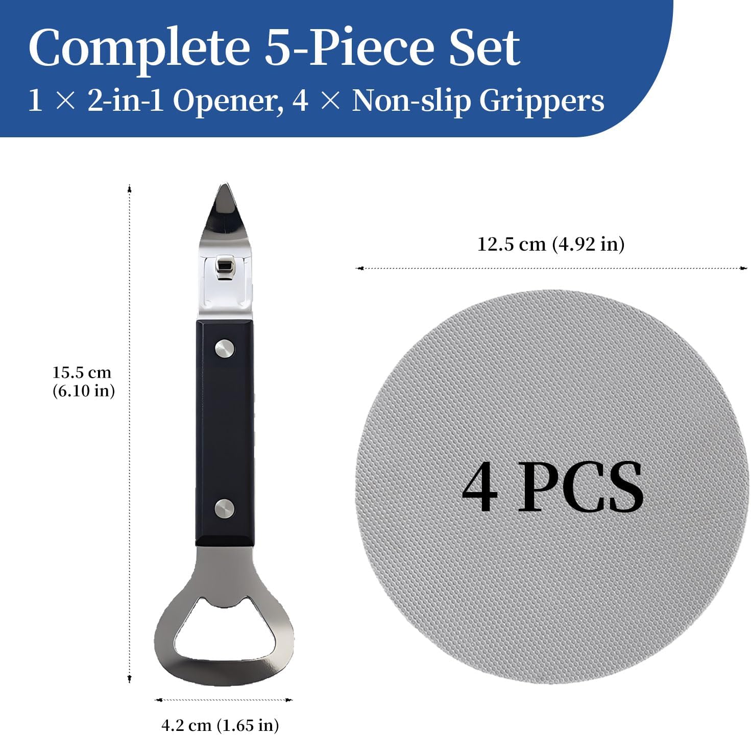 Jar Opener and Gripper Set for Seniors, Weak Hands & Tight Jars | 2-in-1 can opener & bottle opener + 4 non-slip grippers, extra grip for tight jars, multipurpose kitchen tool, easy to use
