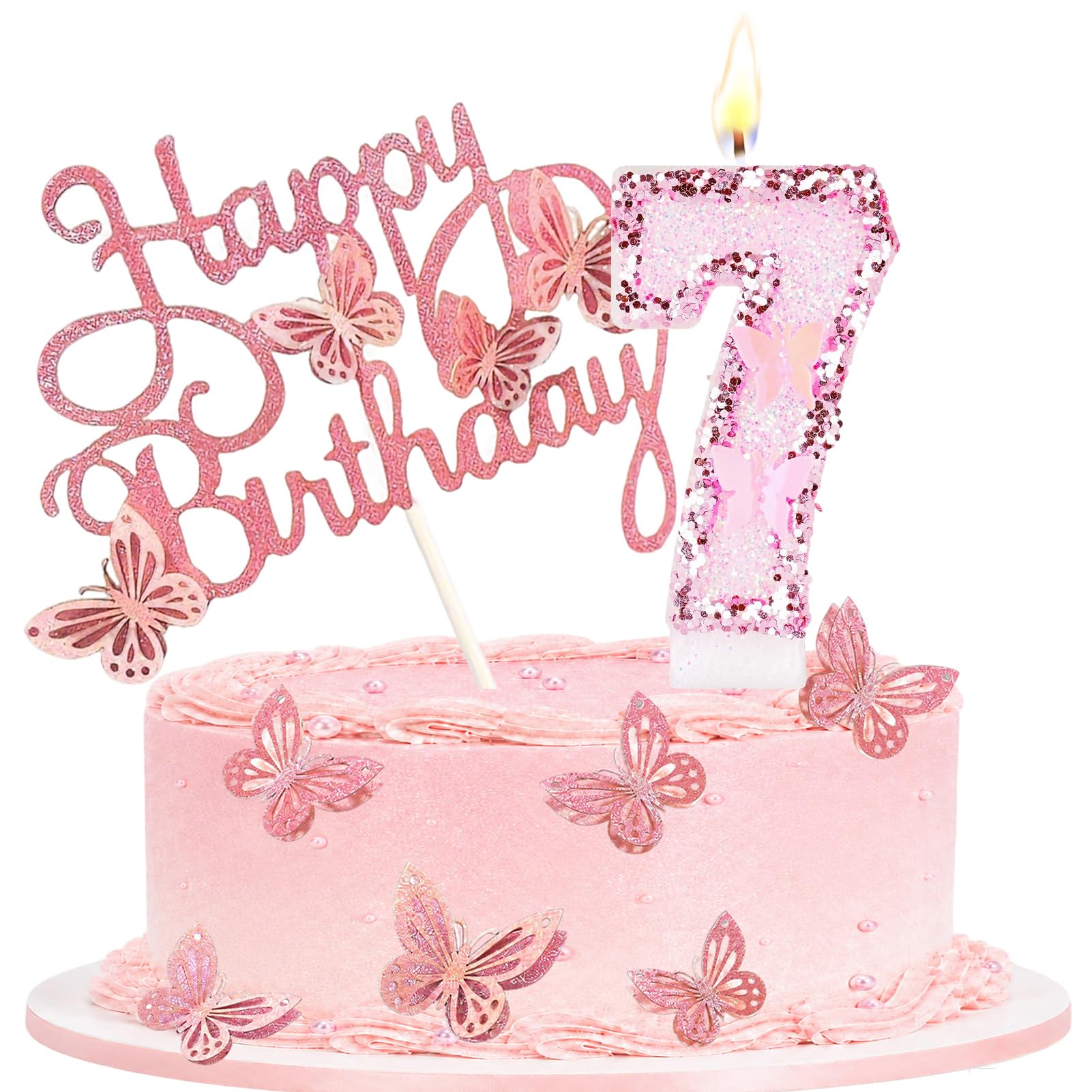 Birthday Candle with Pink Butterfly Cake Topper for Party, Number 7