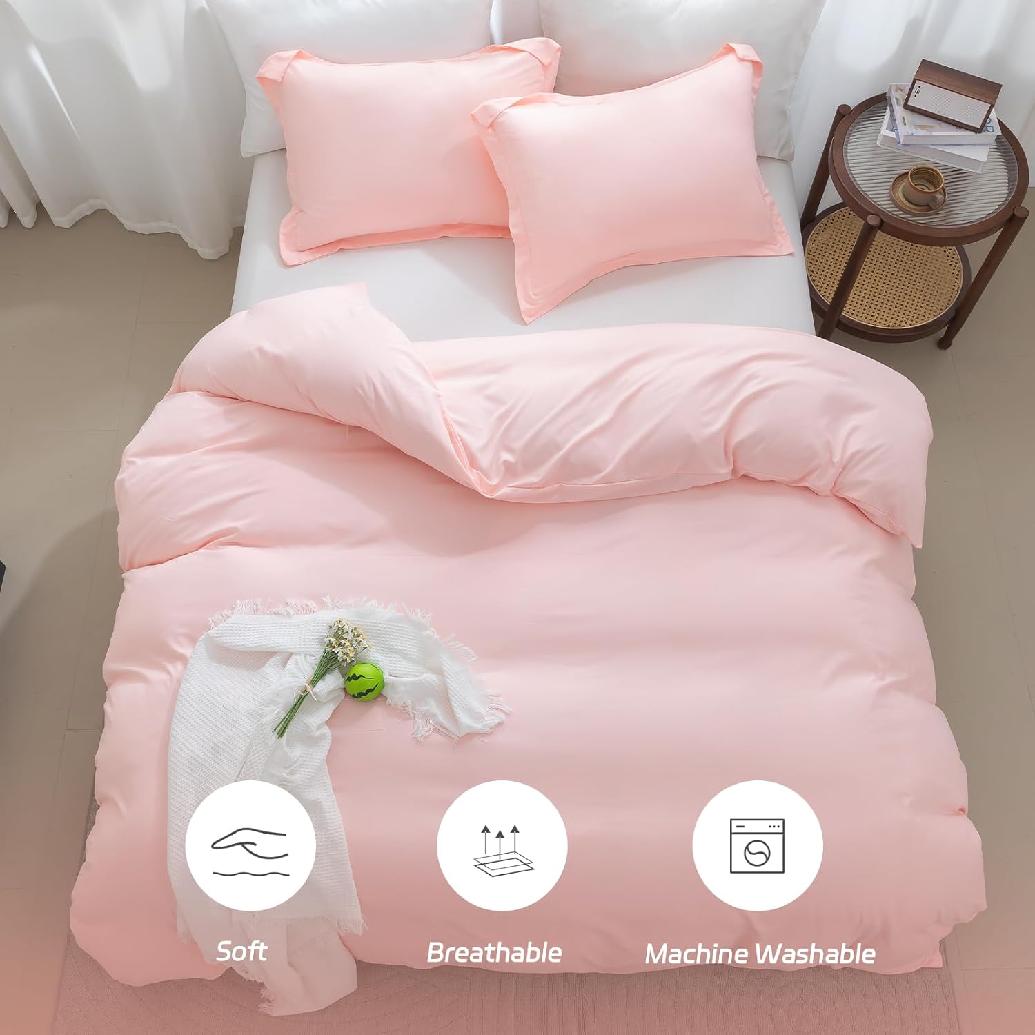 SheRest Pink Duvet Cover Full Size - Soft Brushed Microfiber, 3 Pieces, 1 Duvet Cover 80x90 Inches with Zipper Closure 8 Ties & 2 Pillow Shams, Breathable Bedding Set for All Season (No Comforter) - Image 3