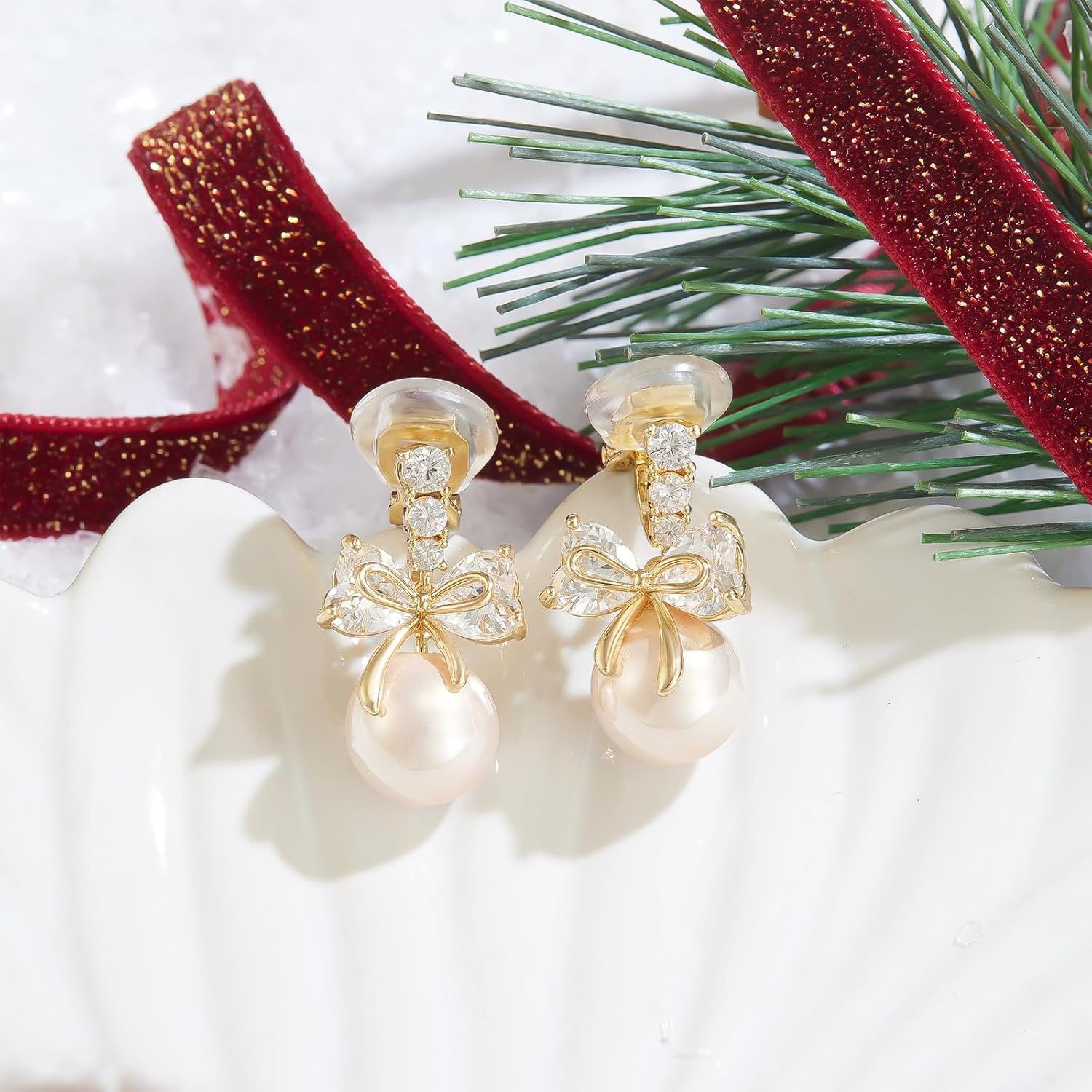 YOQUCOL Golden Bow Clip On Stub,Danle Drop Earrings for Women Simulated Pearl Christmas Xmas Bowknot Non Pierced Earrings - Image 4