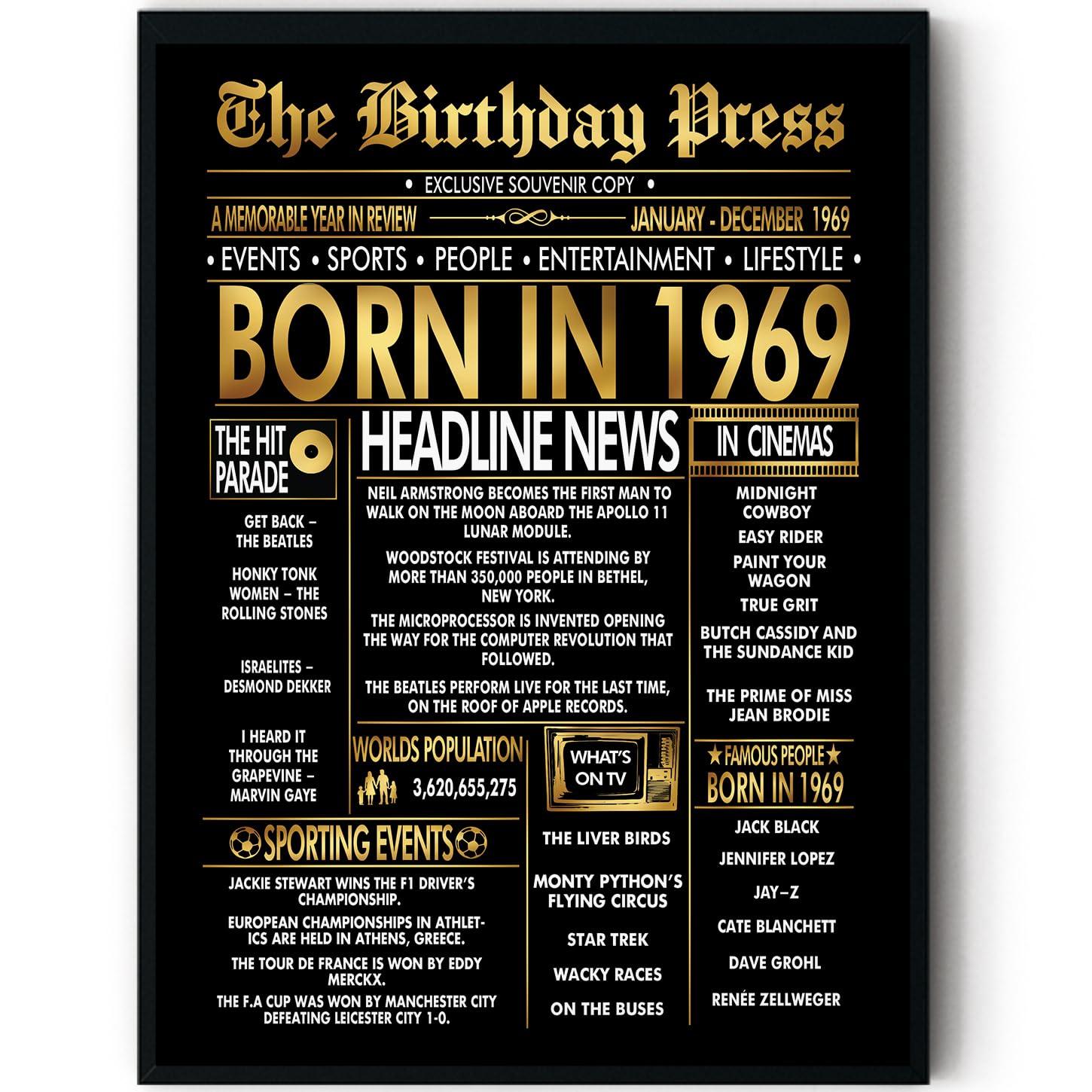 Stuff4 Gold 57th Birthday Poster Framed - Golden Born In 1969 Newspaper - Happy 57 Birthday for Men Women Retro Vintage Gifts Back In 1969, 8x10 Inch Bday Party Decor Decoration