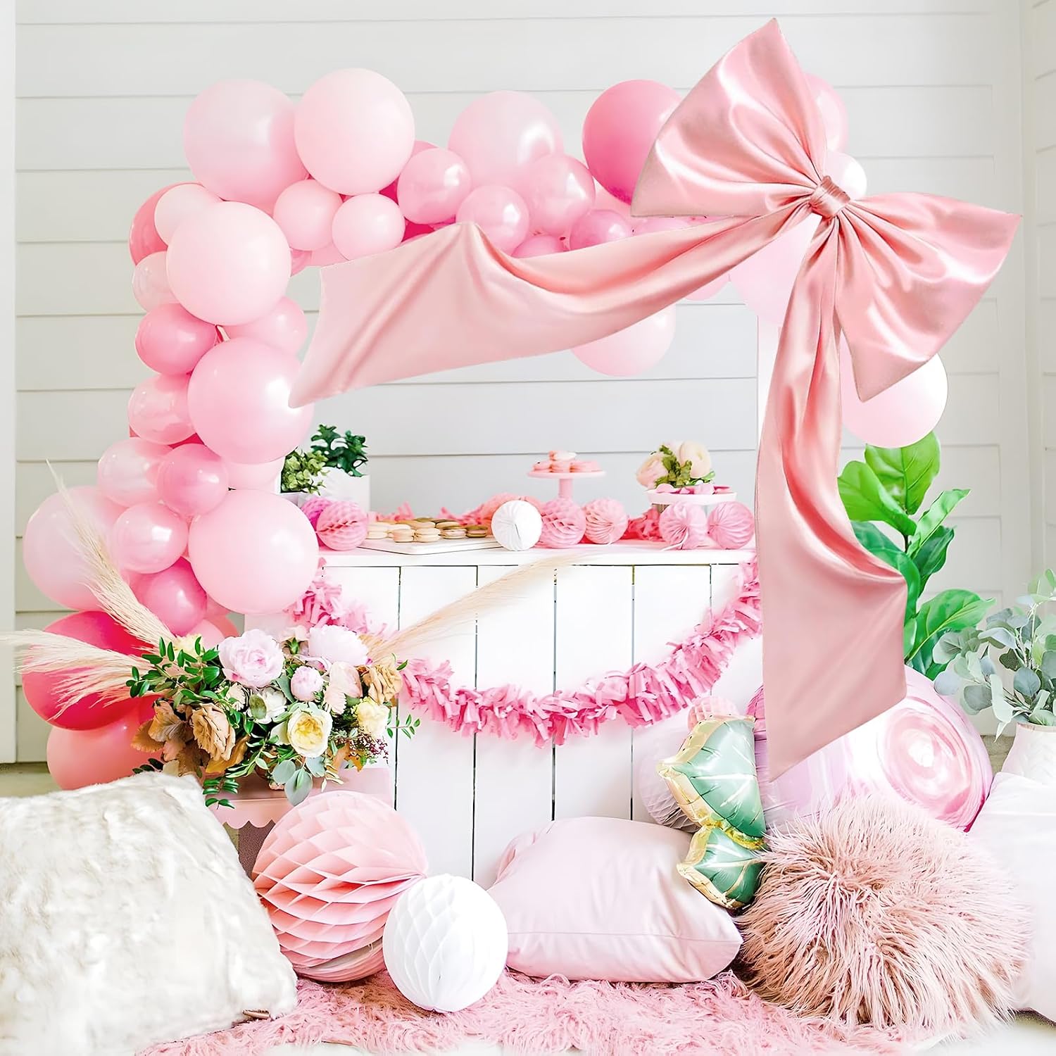 Coquette Large Pink Bow Decoration, 26 x 54 Inches Giant Bow Ribbon Tie with 10pcs Candlestick Bows, for Coquette Room Decor, Birthday Party Backdrop Wall Decoration