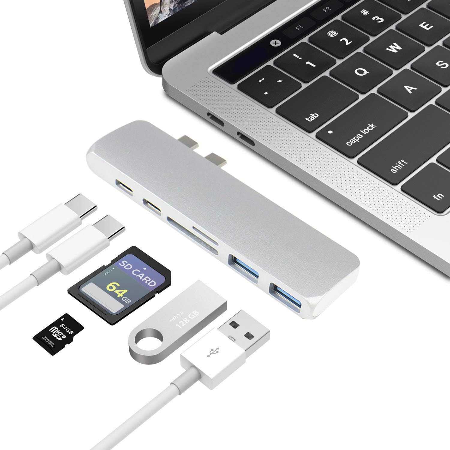 Padarsey USB C Adapter, Sanho Type-C Duo Hub 50Gbps for MacBook Pro 13" 15" 2018 2017 2016, 7in2: USB-C 40Mbps 100W, USB-C 5Gbps, 4K HDMI, microSD/SD Card Reader, 2xUSB 3.1