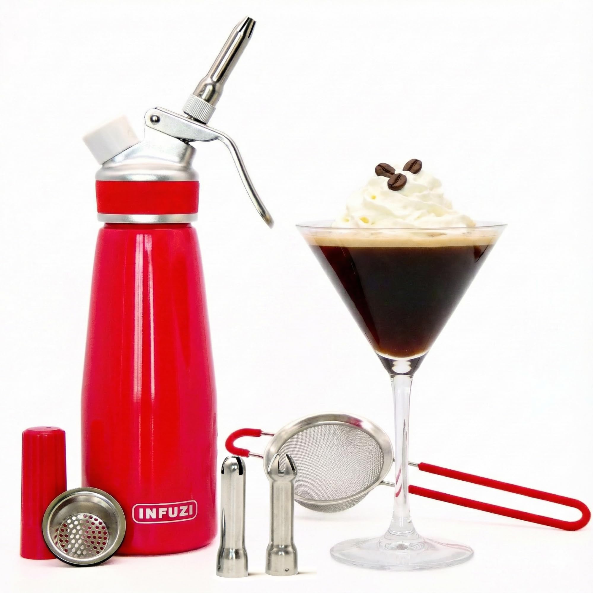 Infuzi by ICO Aluminum Whipped Cream Dispenser for Whipping Cream, Desserts - Quick Alcohol Infusion & Cocktail Infusion with Nitrogen, Whipped Cream Maker for use with Whip Cream Charger, Red, 1-Pint